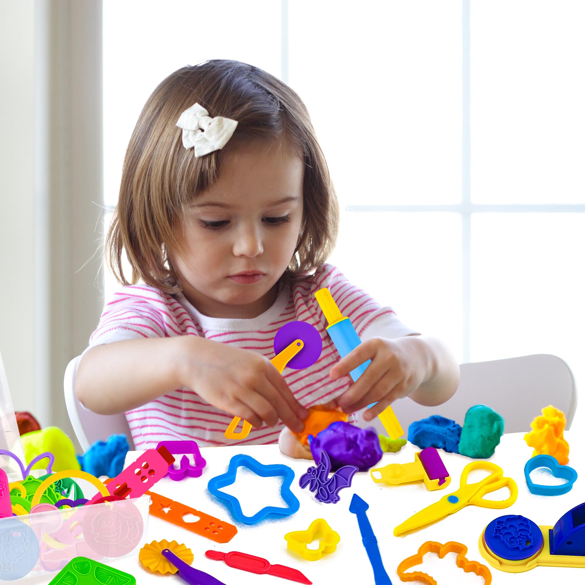 Juego de herramientas de juego de masa para niños, 44 piezas, accesorios de masa con tijeras, cortadores, rodillos, rodillos, prensa de pasta, animales de dinosaurio, moldes de frutas, caja de 5