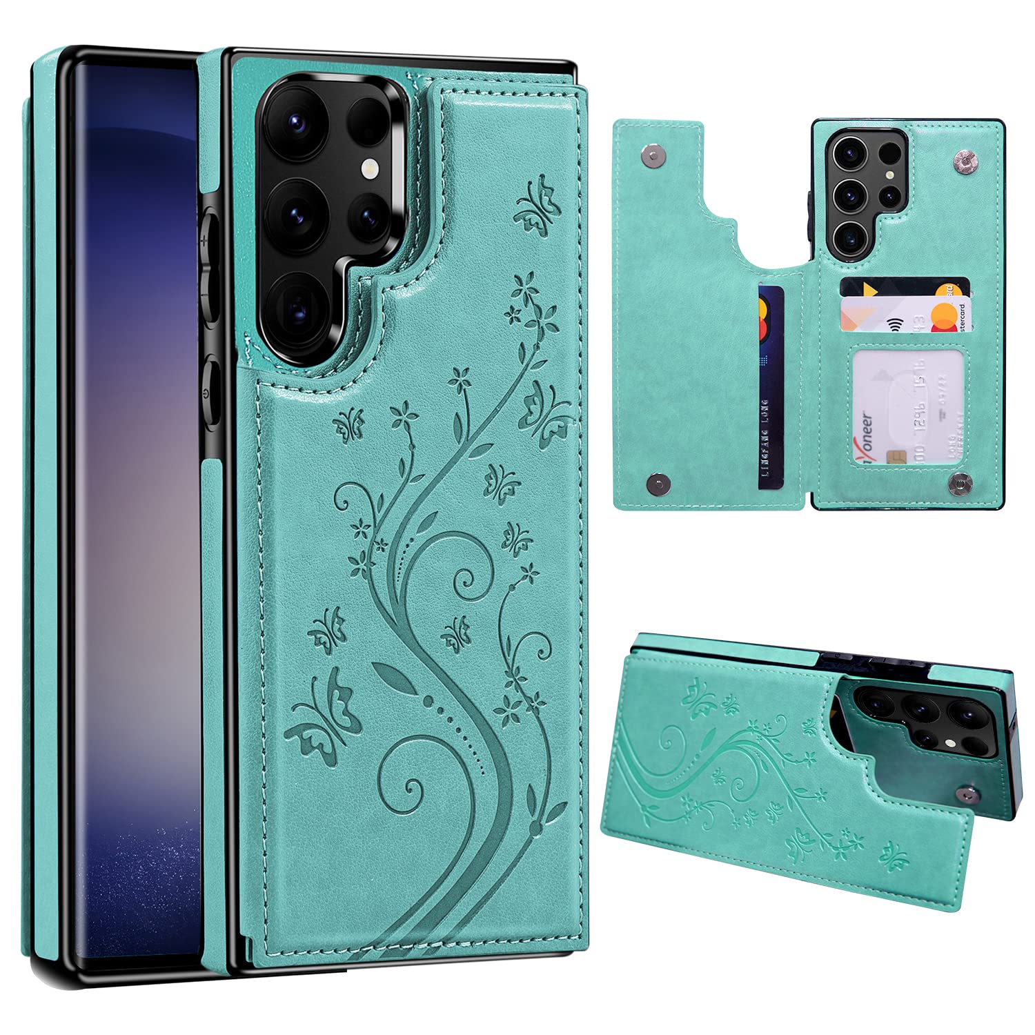Korecase for Samsung Galaxy S24 Ultra Wallet Case Premium Embossed Butterfly Flower Credit Card Slots,for Galaxy S24 Ultra Kickstand Flip Shockproof