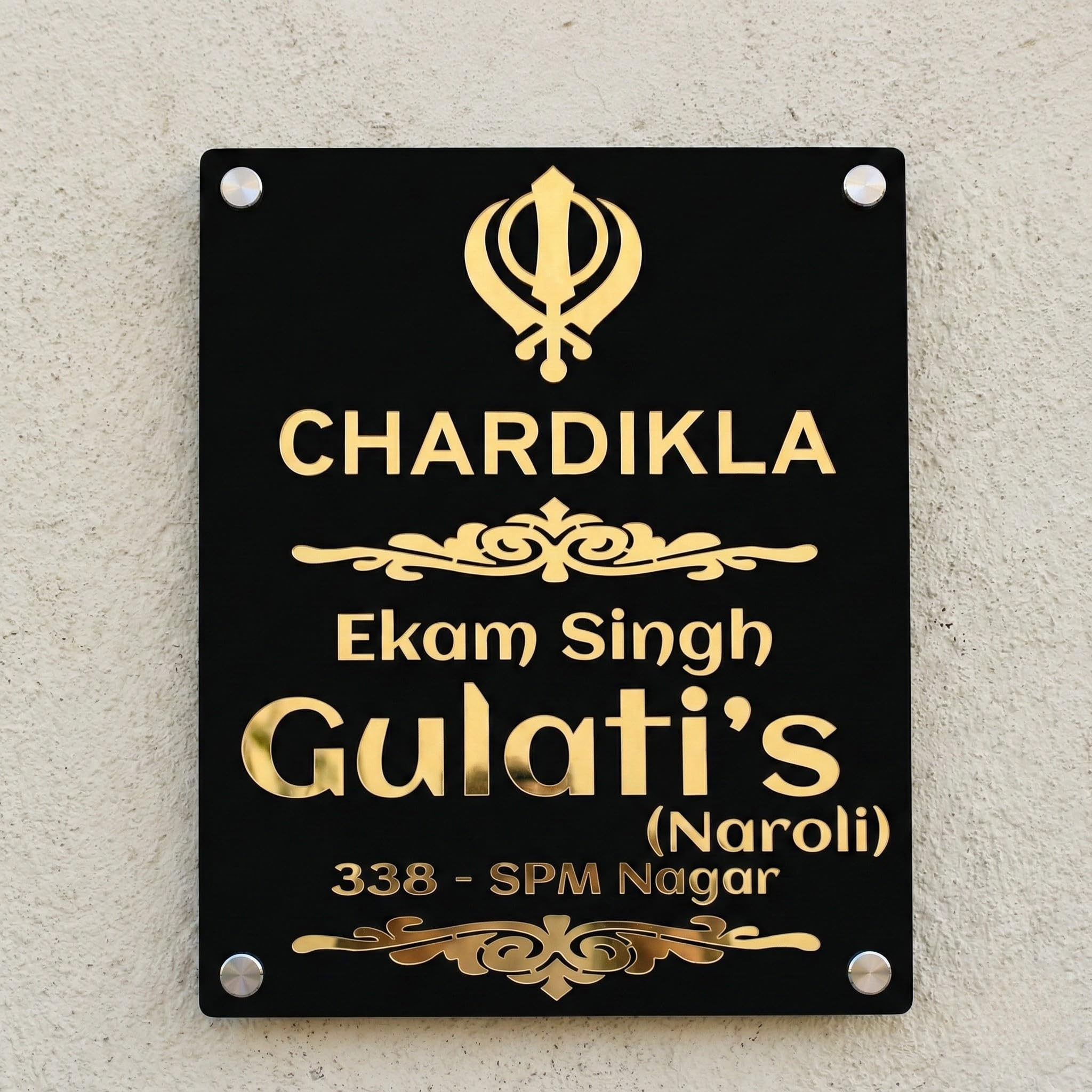 Customized Sikh Acrylic Name Plate for Home & Office | Personalized Name Board for Sikh House Entrance & Outdoor Wall | Weatherproof Premium Glass-Look Signage for Villa & Flat Apartment (12X14 Inch)-image-31