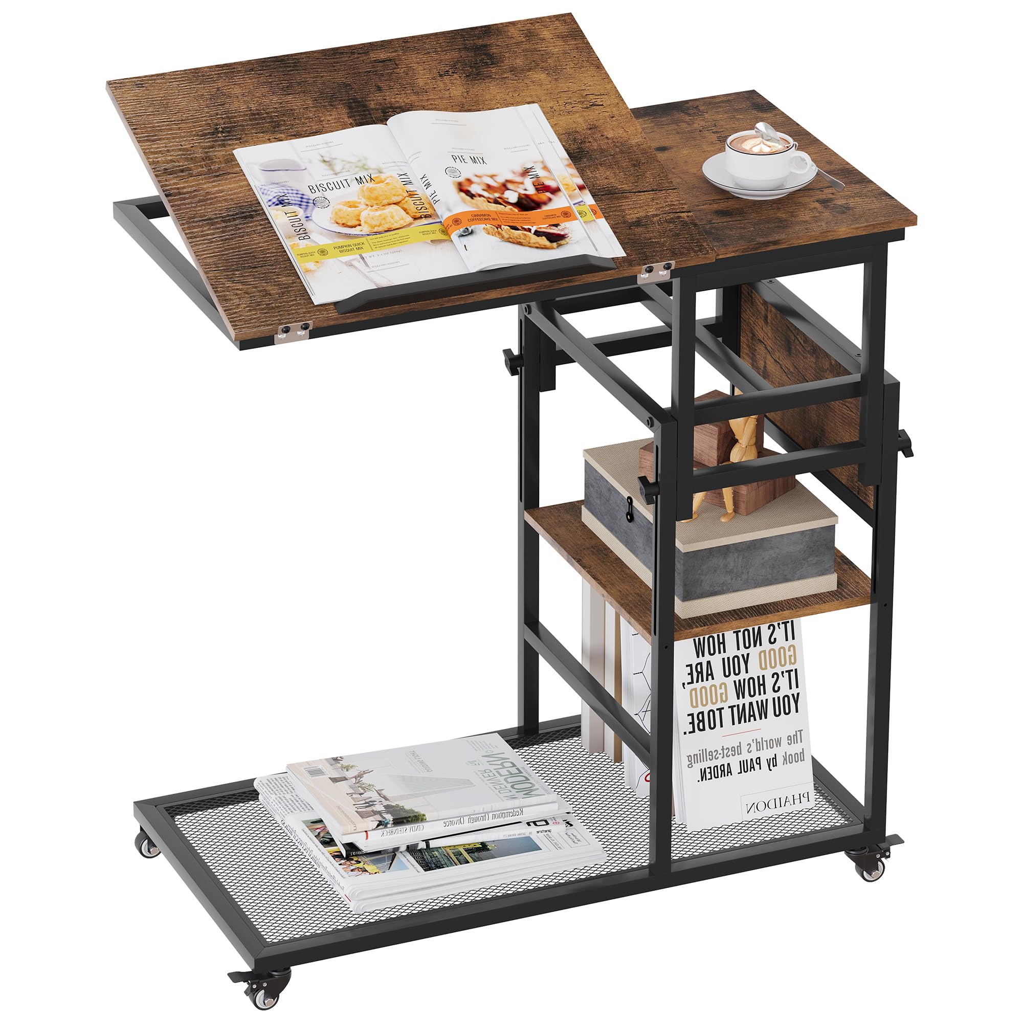 TQVAI Mesita Auxiliar en Forma de C, mesita de Altura Regulable con estantes de Almacenamiento sobre Ruedas y Tablero de Madera inclinable para salón, Dormitorio y sofá, Negro/Antiguo