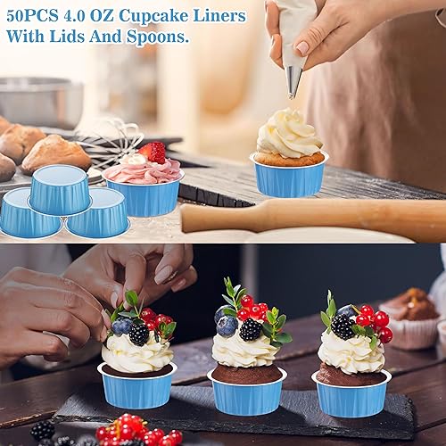 Miniatura 105 de 50 moldes para hornear con tapas, mini moldes de aluminio de 4 onzas con tapas, moldes desechables, moldes individuales para tartas, forros