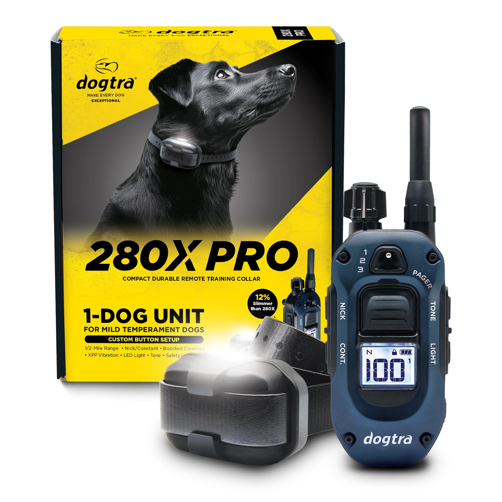 Dogtra 280X PRO E-Collar with Remote [New Edition] 3 Configurable Layout Modes, 12% Slimmer, 1/2 Mile Range, 100 Levels Precise Control, Waterproof, LED Light, Boost, XPP Vibration, Safety Lock &amp; Tone
