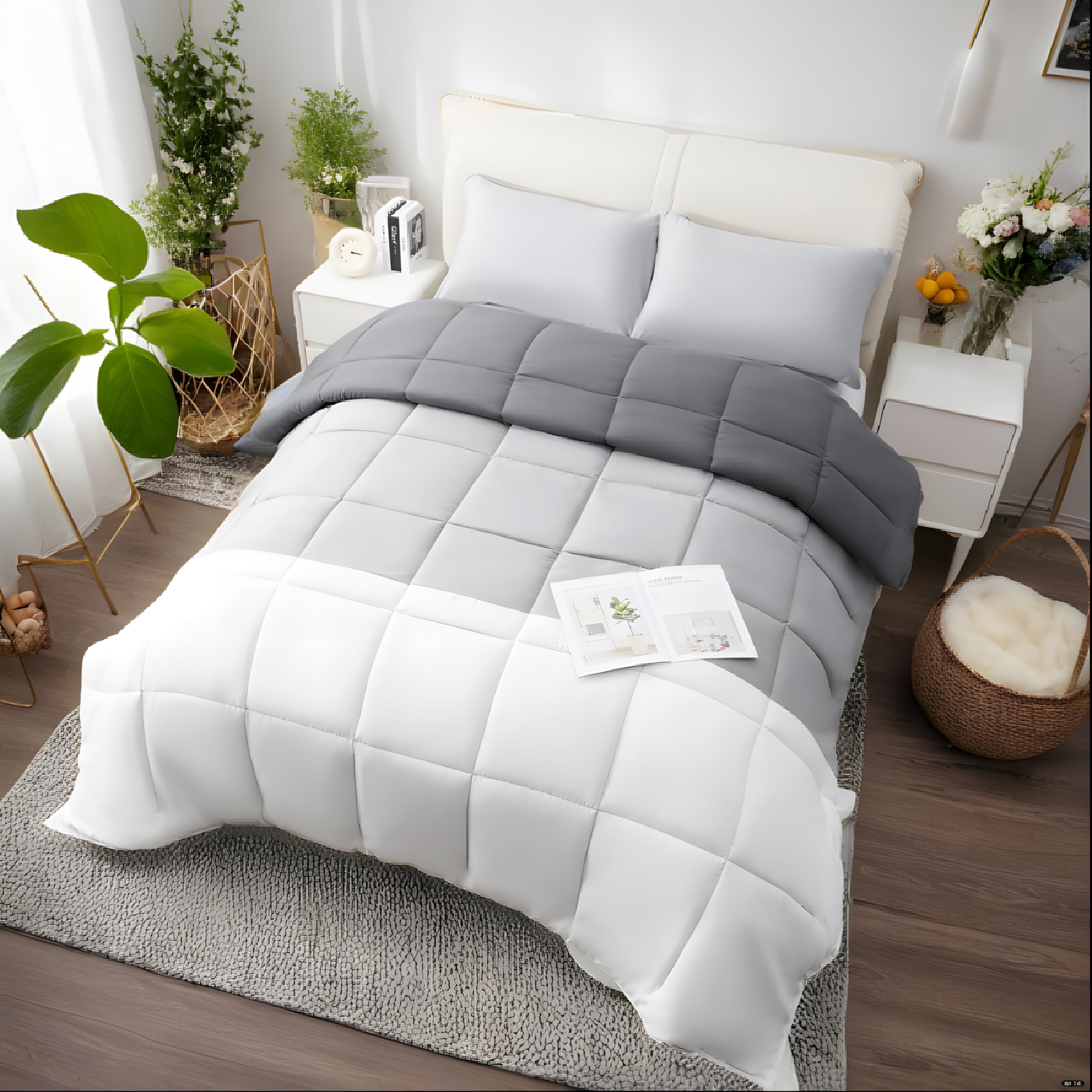 Warm Duvet Double Comforter and Anti Allergy All Season Dark Light Grey and White NO Pillo...