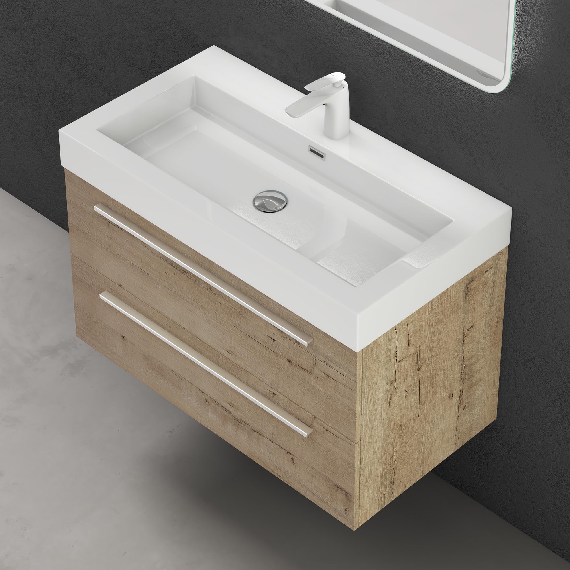 doporro Mobile Bagno Sospeso90cm, Mobiletto per Bagno con Lavabo, Rovere chiaro, Quadratto F161