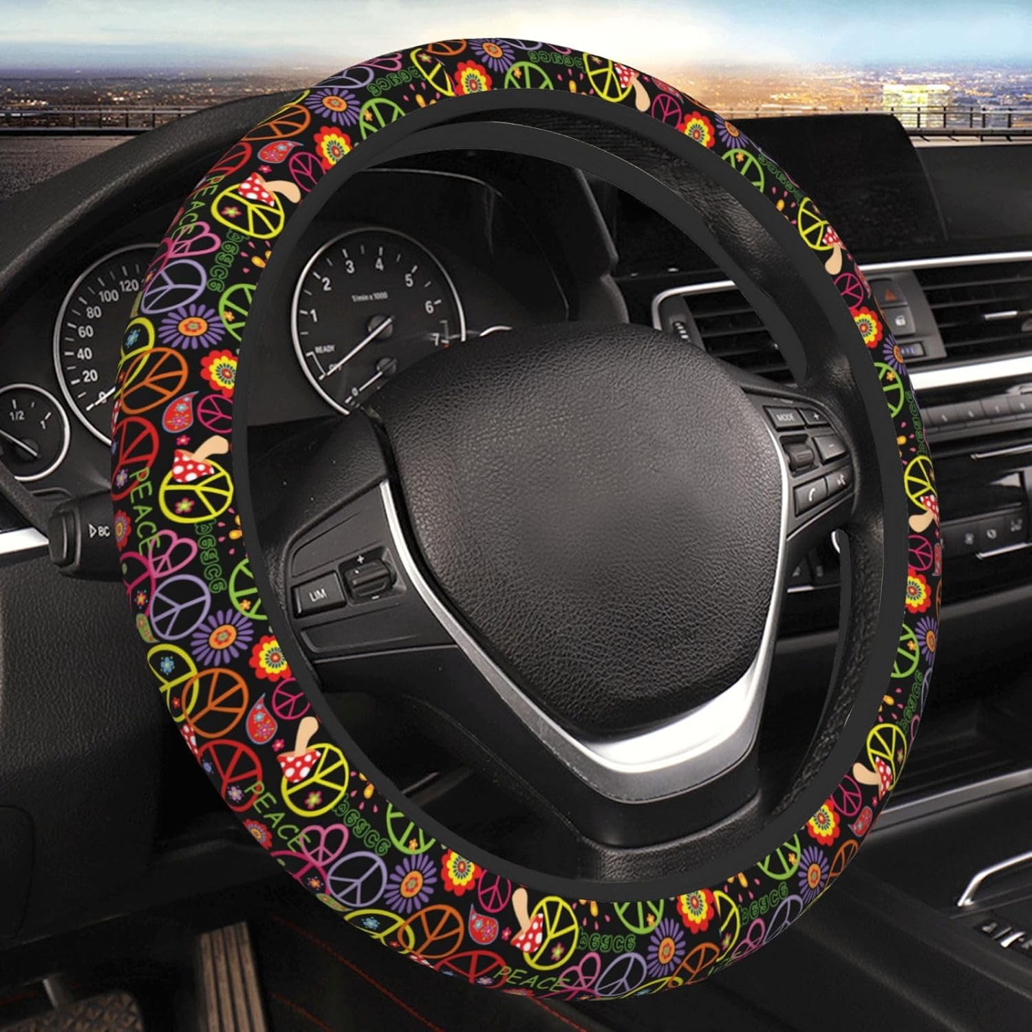 Hippie Peace Floral Mushroom Steering Wheel Cover for Women Men Girls Car Accessories Decor Anti-Slip Neoprene Auto Steering Wheel Covers Protector Universal 15 Inch