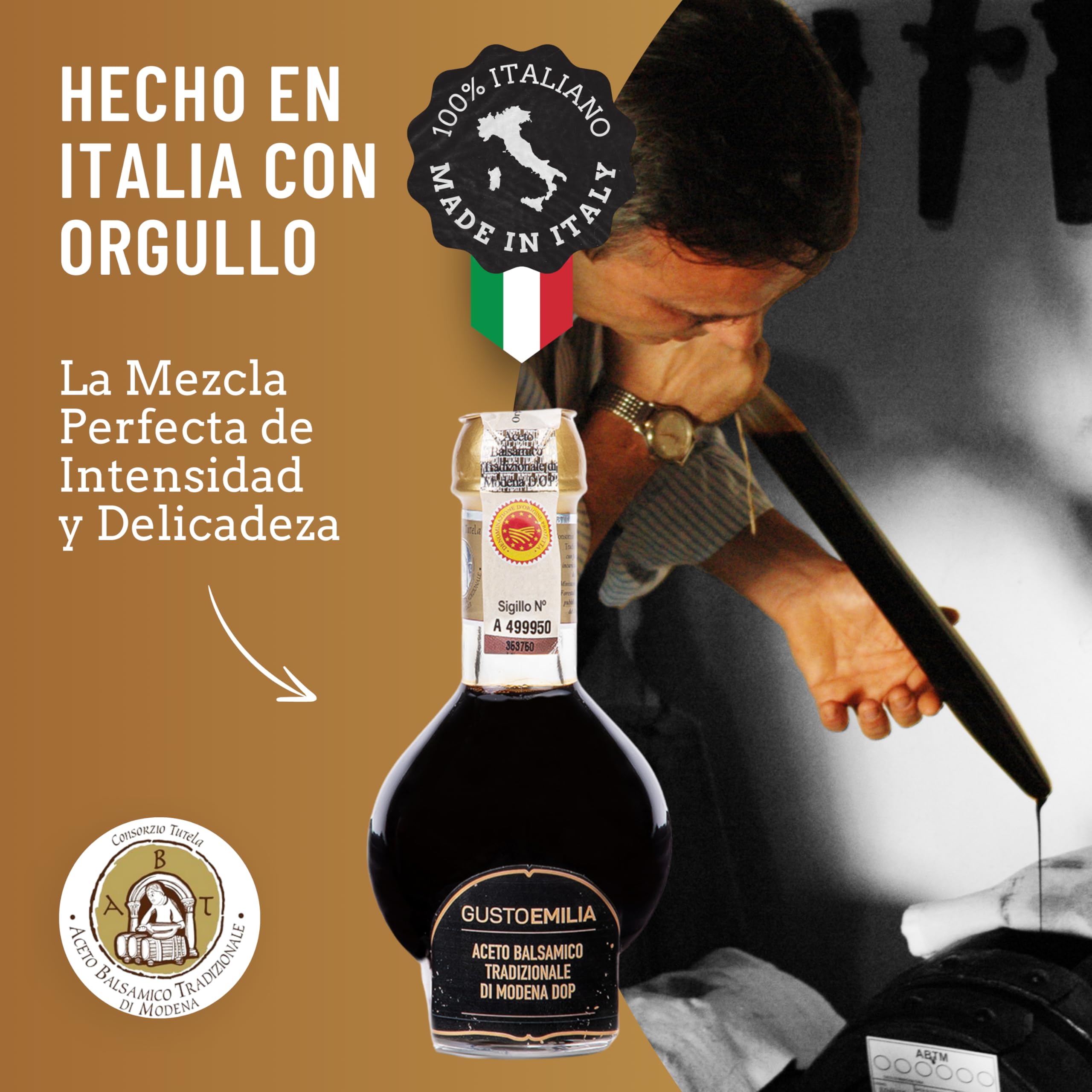 GUSTOEMILIA Vinagre Balsámico Tradicional de Módena IGP, Envejecido 12 Años - Italiano - Maridaje Perfecto con Parmigiano Reggiano - 3.38 Fl Oz (100ml)