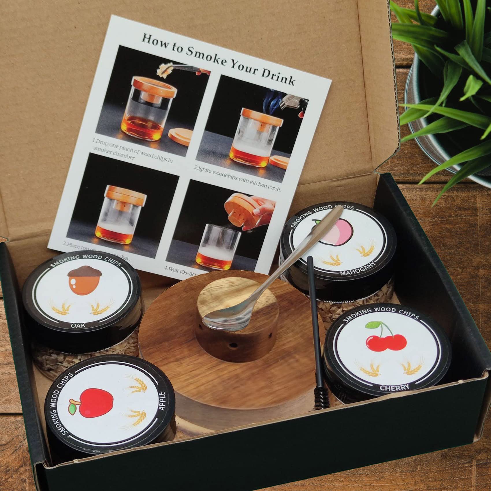 Tiyoha Acacia Wood Cocktail Smoker Kit With Stainless Steel Mesh-4 Flavor Natural Wood Chips-1Spoon 1Brush Simplest Way To Make Smoked Old Fashioned Margaritas Drinks At Home