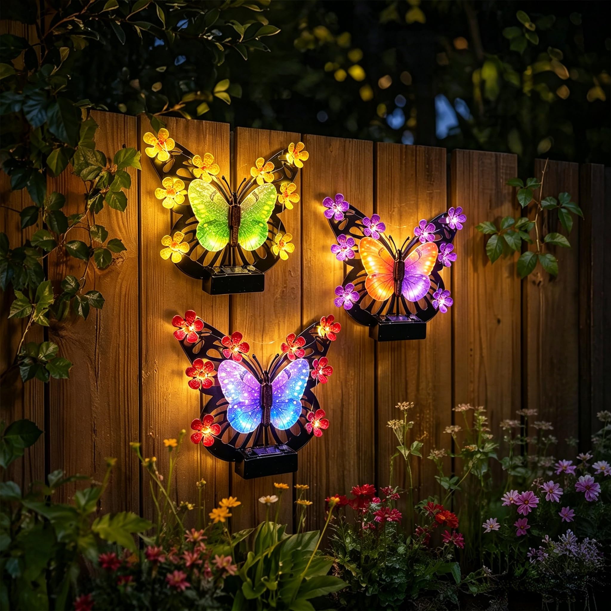 CRGANGZY 3PCS Solar Butterfly Lights Outdoor, Solar Butterfly Garden Wall Decor LED Light, Metal Butterflies Illuminated Fence Lamp Hanging Sculpture for Patio Porch Yard Garden Decoration