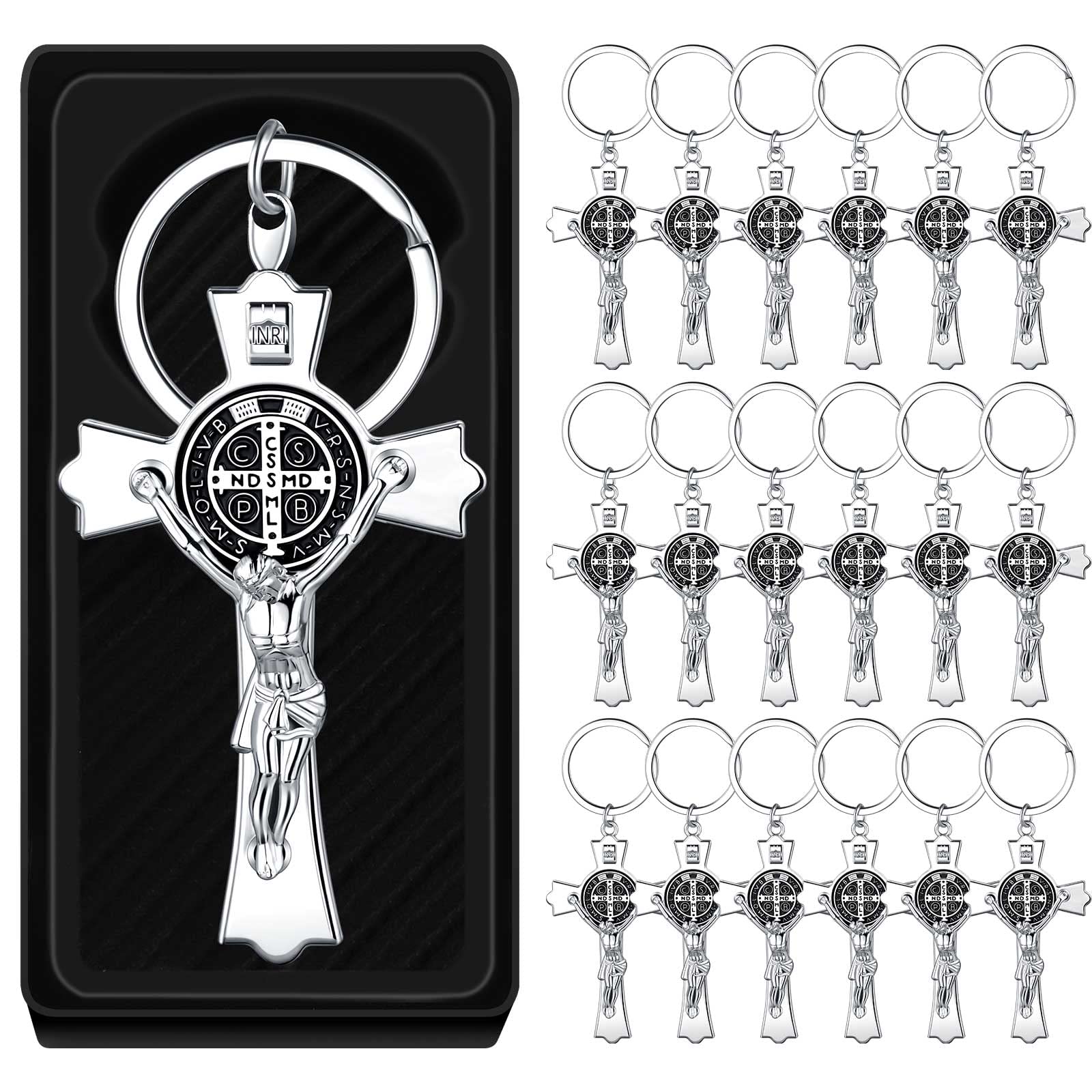 JunkinJunkin 24 Pack Saint Benedict Crucifix Jesus Keychain Medal Cross Catholic Keychain Recuerdos De Bautizo for Baptism Communion