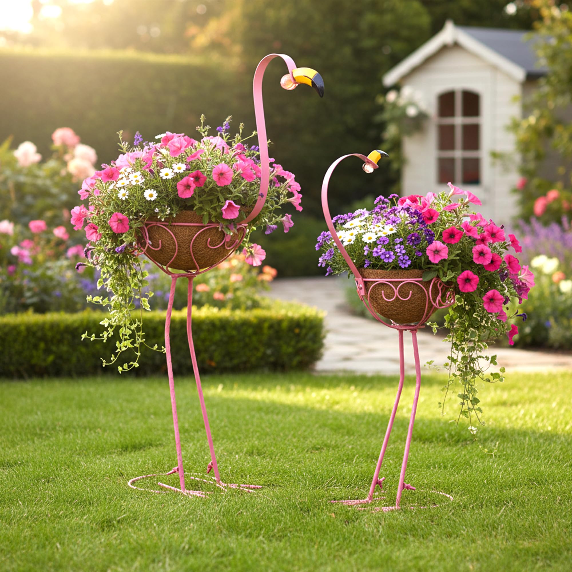 J-Fly Set of 2 Pink Flamingos Metal Potted Plants Holders
