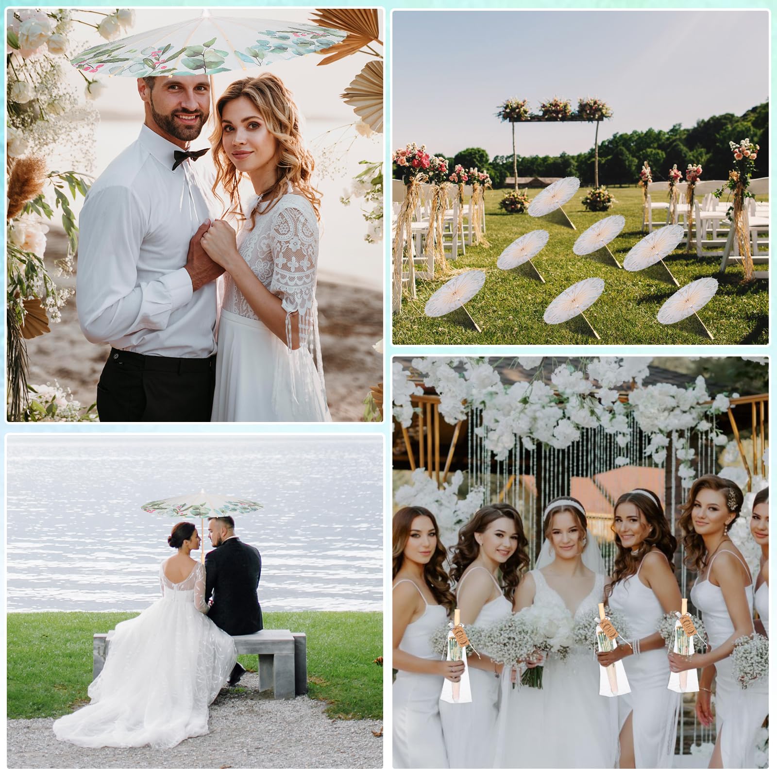 6 Sets 60 cm Hochzeitspapier-Sonnenschirm-Set, Dankeskarten, weiße Kordelzugbeutel, Gastgeschenke, Eukalyptusblatt, chinesisch, japanisch, DIY, geöltes Papier, Regenschirm für Fotografie