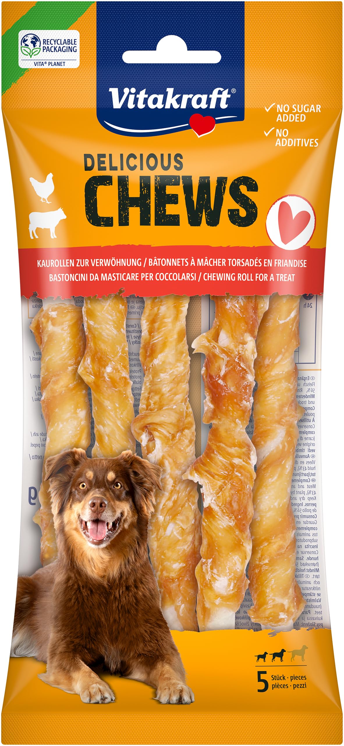 Vitakraft Delicious Chews, huesos masticables para perro, rollos masticables hechos de piel de vacuno envueltos con carne de pollo, para actividad, sin azúcar añadido (15x 90g)