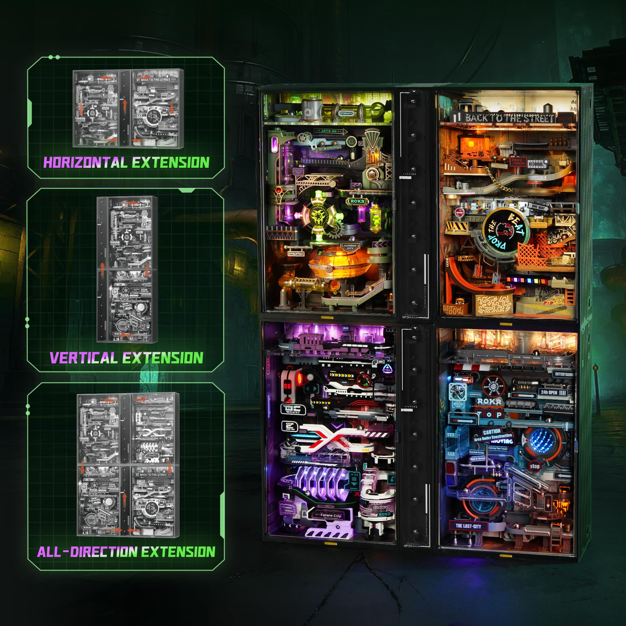 ROKR Kugelbahn 3D Puzzle Erwachsene Modell Alchemy City Gaming Deko Setup Erweiterungsfähige Kits Cyberpunk Geschenkidee für Männer-Parallel World MR04S