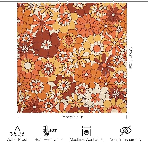 Miniatura 7 de Cortina de ducha floral naranja, cortinas de ducha retro bohemias para baño, bonitas cortinas de baño de flores geniales, cortina de ducha de otoño