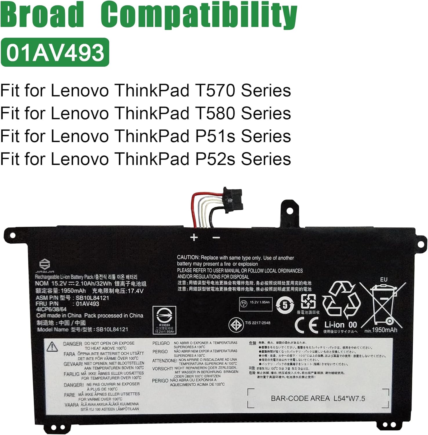 01AV493 SB10L84121 Laptop Battery Replacement for Lenovo ThinkPad T570 T580 P51s P52s Series Notebook 00UR891 SB10L84122 00UR892 SB10L84123 00UR890 15.2V 32Wh 2100mAh