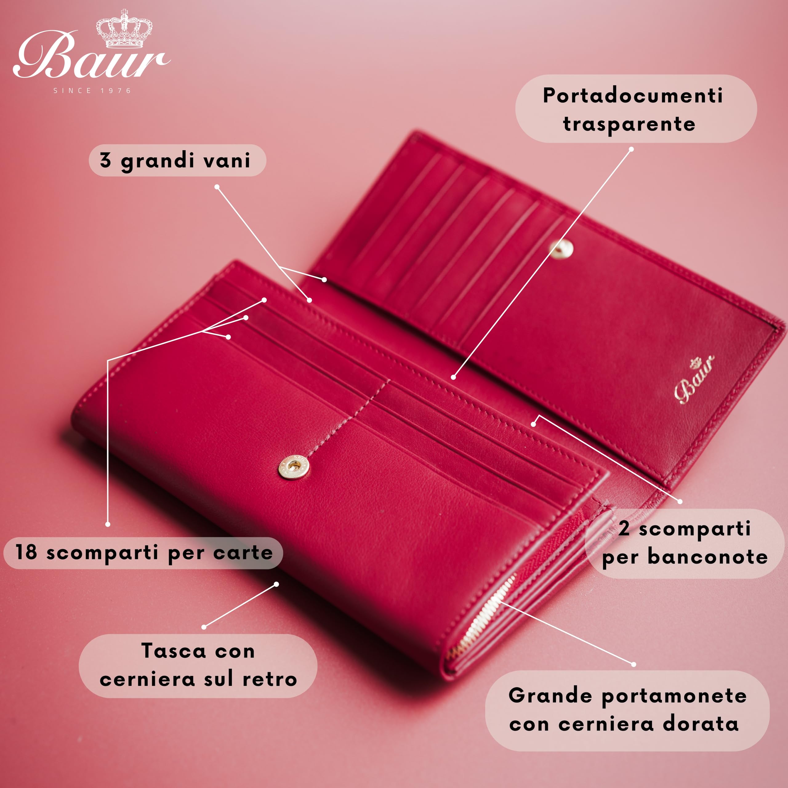 Baur portafoglio da donna – vera pelle nappa con protezione RFID – portafoglio grande con 18 scomparti carte e scomparto monete con cerniera metallica – tutto in pelle (Design oro, Rosso)