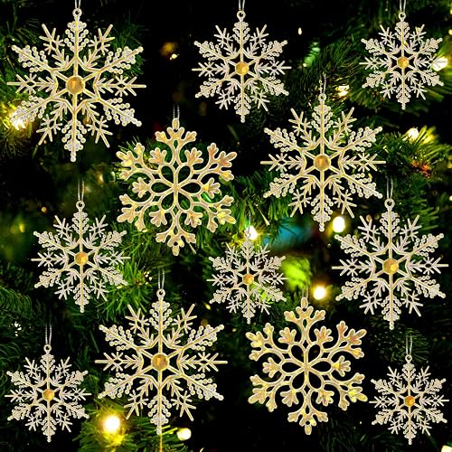 36pcs Gold Shine Christmas Snowflake Ornaments, Plastic Glitter Hanging Snow