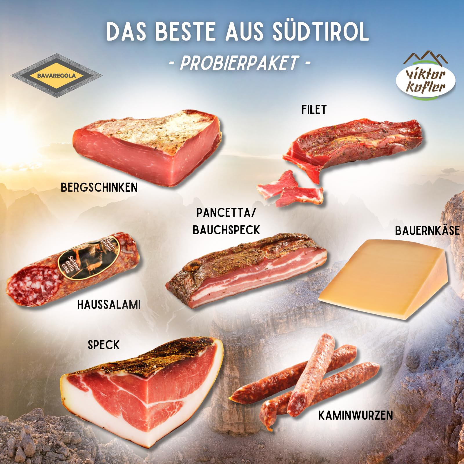 BAVAREGOLA Südtiroler Spezialitäten Schlemmerpaket 7 Schmankerl Set Speck Käse Salami Pancetta Schinken