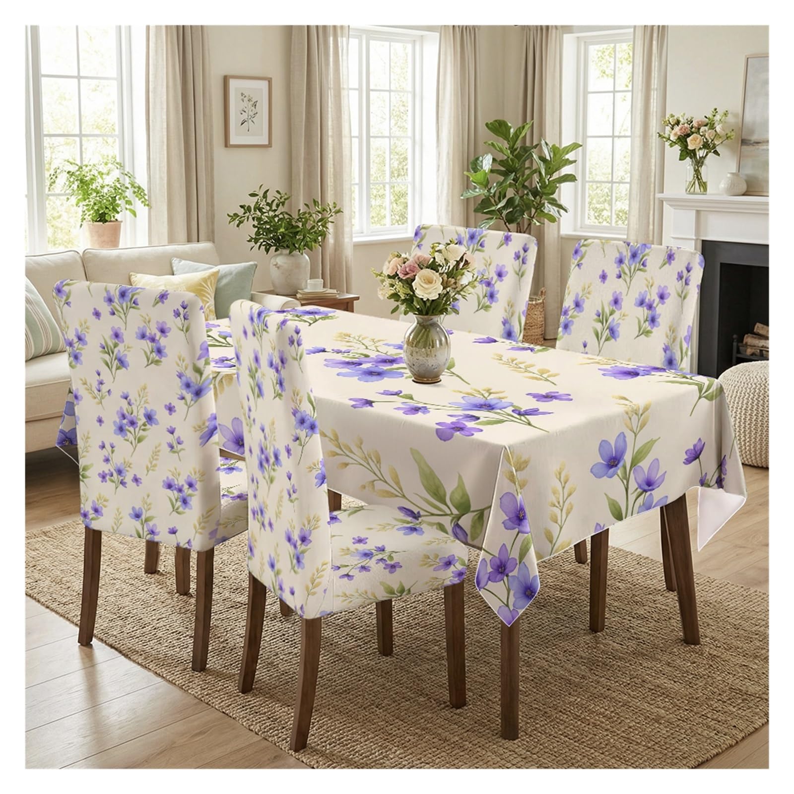 KXUAUV Purple Wildflower Print Stretch Chair Covers & Tablecloth Set, For Kitchen Dining Room Cottage Decor, 5/7 Pack Party Decor(5pcs Set: Tablecloth+Chair Covers)
