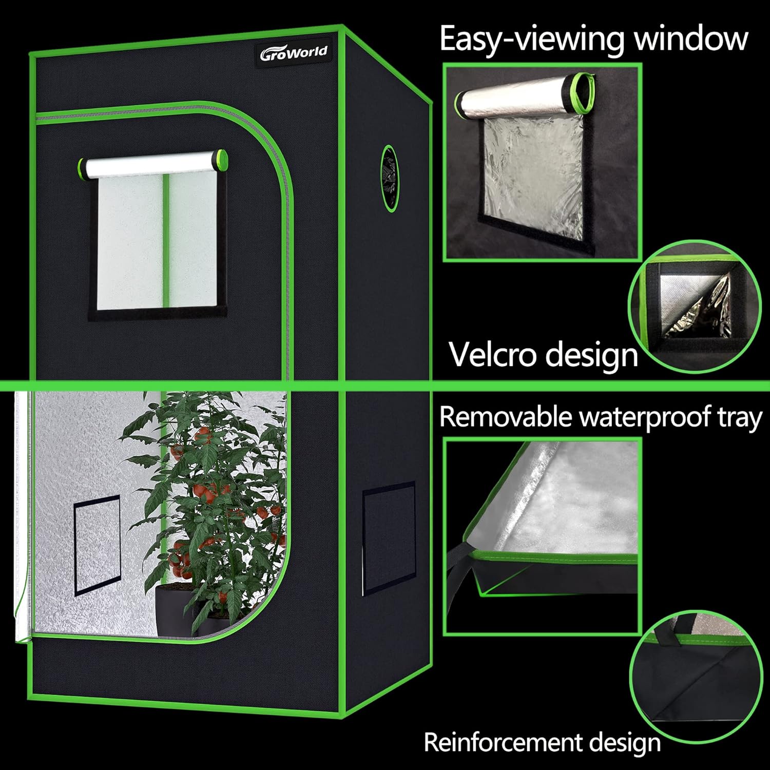 Grow Tent Kit, 24"x24"x48" Greenhouse Tent with 19mm Poles, High Reflective 600D Mylar Hydroponic Tent with Observation Windows for Indoor Plant Growing (Black, 24"x24"x48")