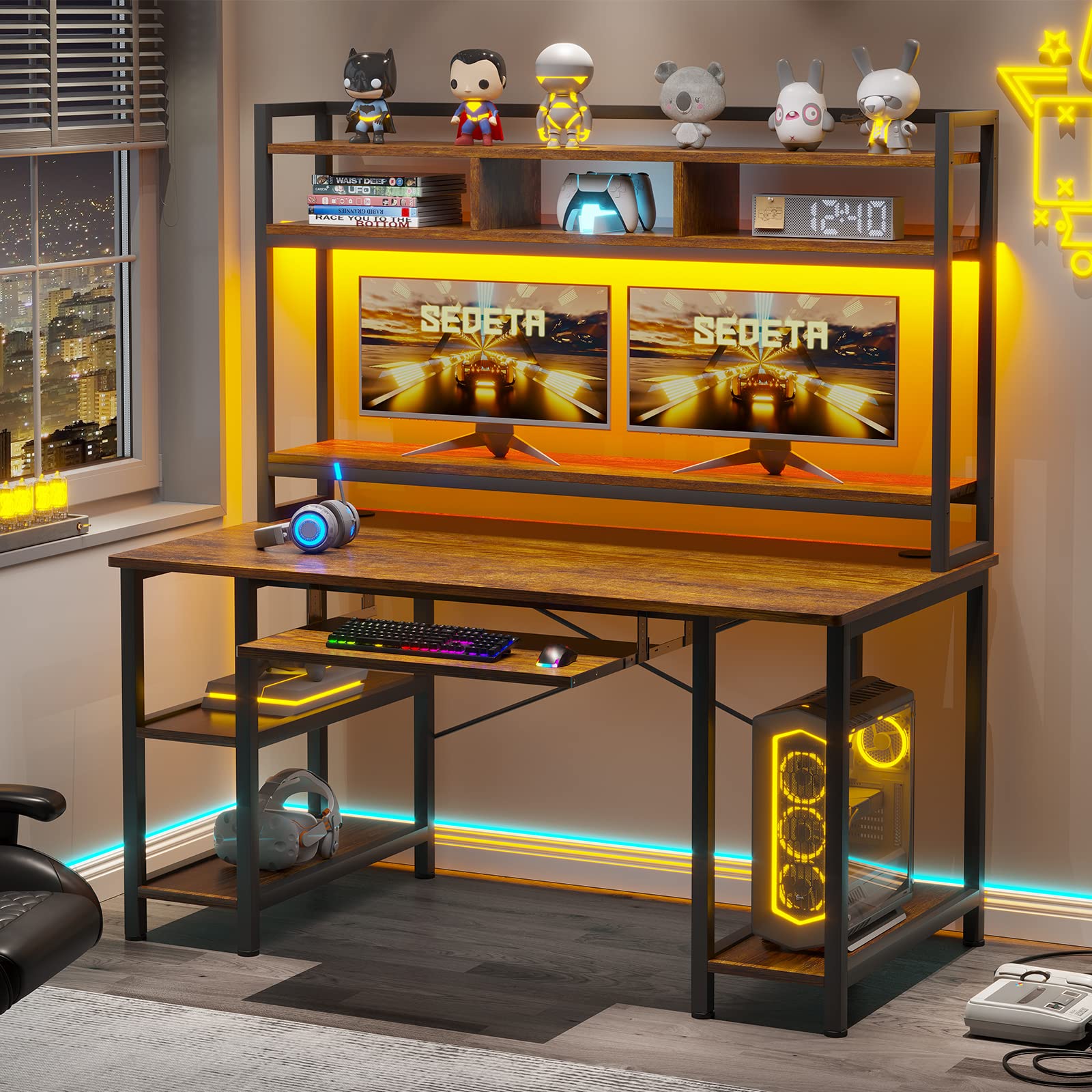 Buy SEDETA Computer Desk, 55" Gaming Desk with LED Lights and Hutch