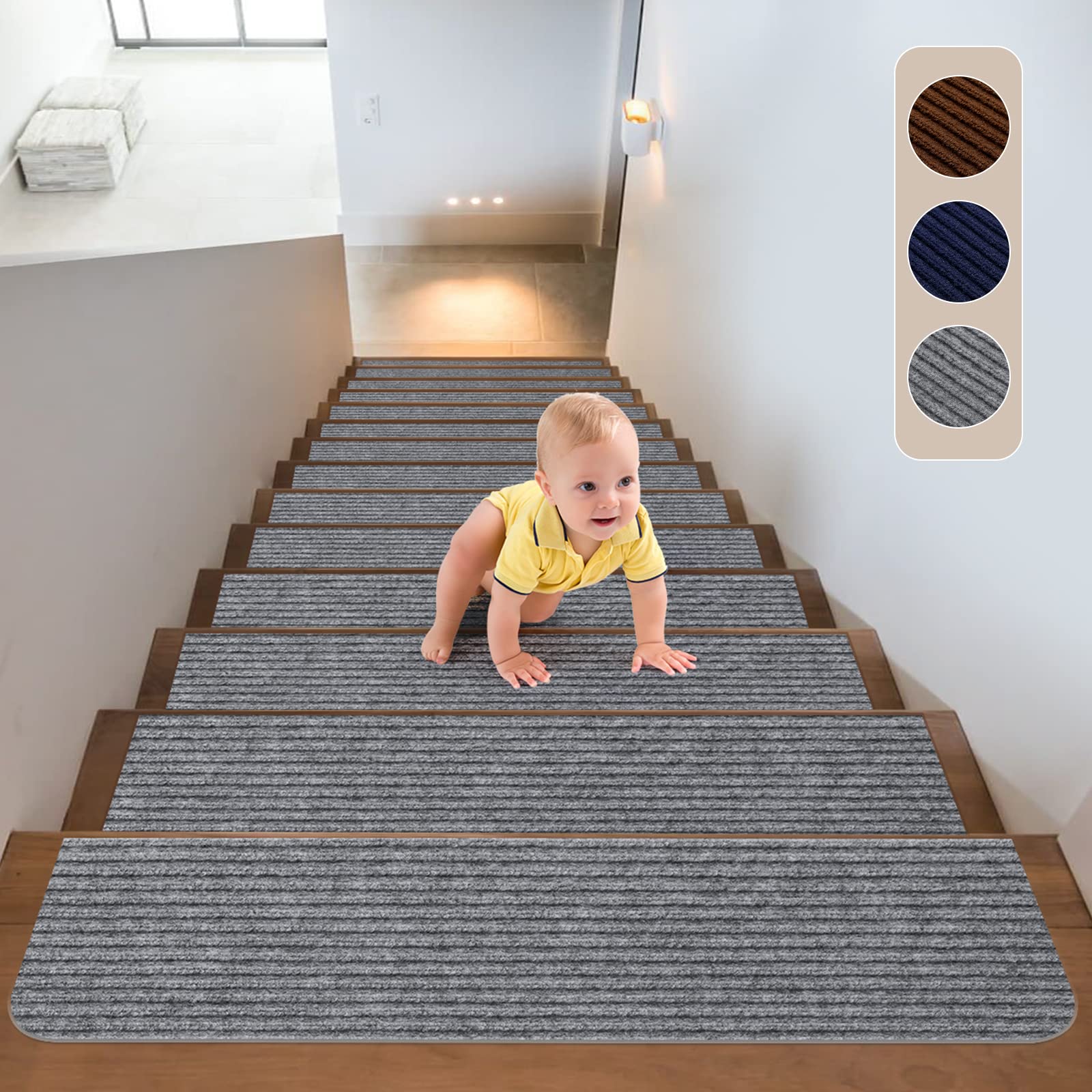8x30in 15pcs Non-Slip Carpet Stair Treads for Wooden Steps Non-Skid Safety Rug Slip Resistant Indoor Stair Runners for Kids Elders and Pets with Reusable Adhesive (Light Grey)