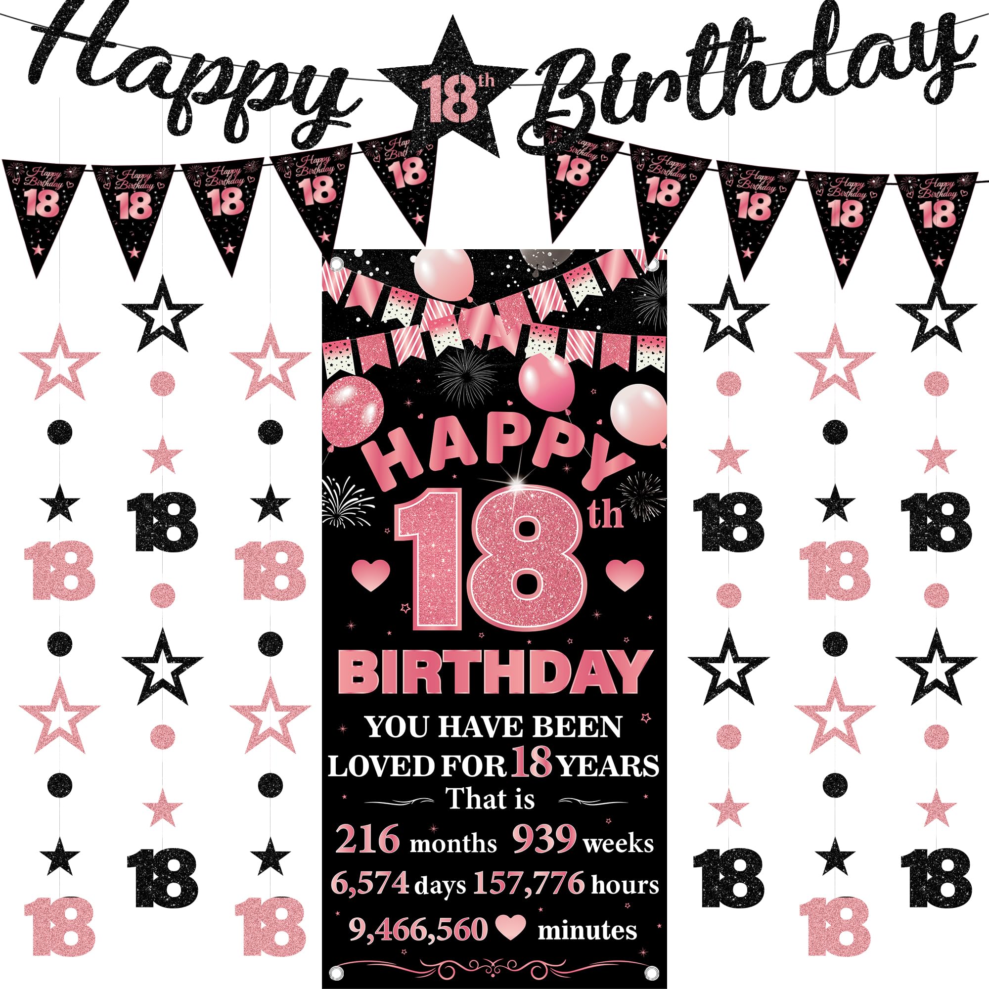18th Birthday Decorations Banner Girls - 9 Pcs Black Rose Gold Bannes Backdrop Number Star Dot Glitter Hanging Garlands Kit for Girl Happy 18 Years Old Birthday Party Decor Supplies