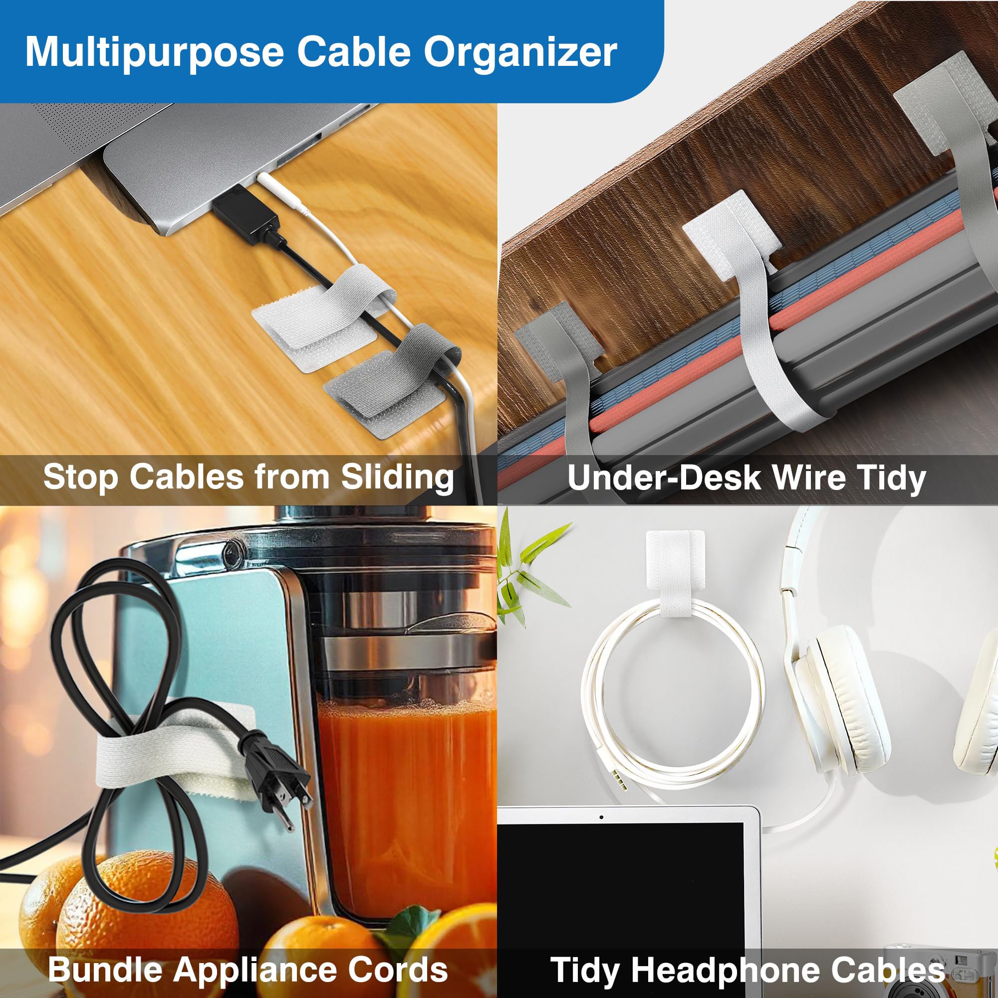 Selbstklebende Klett-Kabelbinder mit 2 Rollen Verlängerungsgurten – Kabel-Organizer mit klebender Rückseite für Kabelmanagement unter dem Schreibtisch, Nylon-Draht-Organizer für Zuhause und Büro,