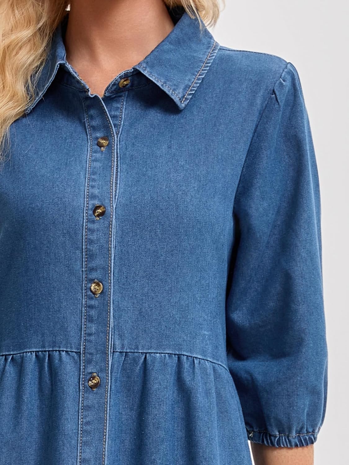 Women's Denim Dress 3/4 Sleeve Button Down Collar A Line Swing Tiered Midi Jean Dresses - Image 3
