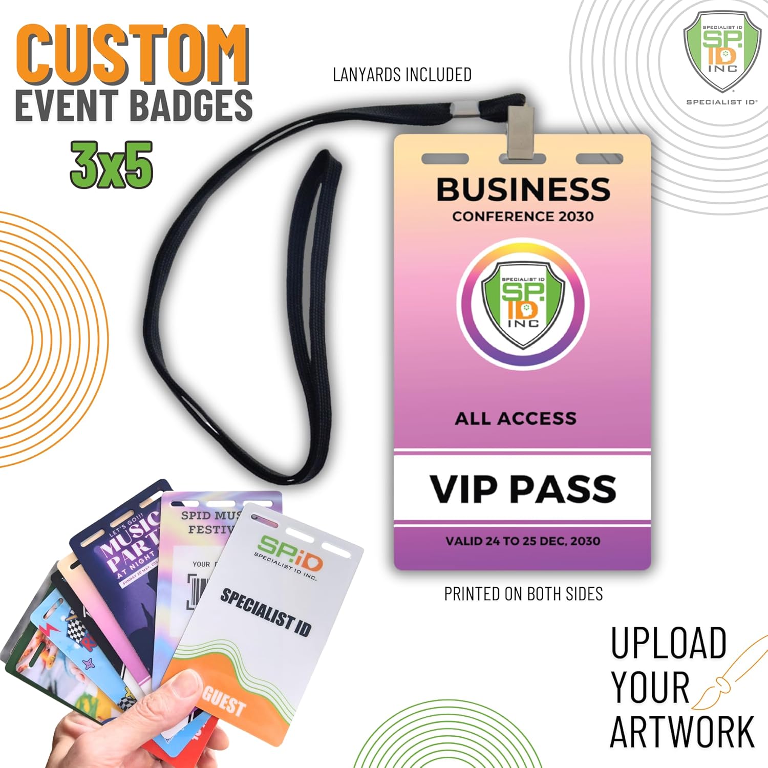 Bulk 100 Pack - Custom Badges with Lanyards 3X5 - Upload Your Art - DIY Custom Badge for VIP Passes & Special Events - Large Size Vertical Special Event, Conference, Backstage Pass by Specialist ID