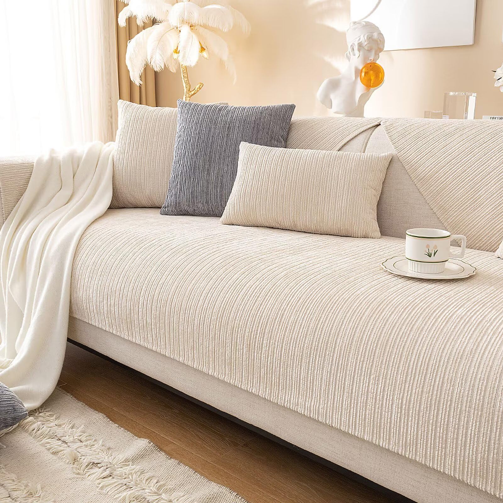 Gluhbirnen Sofadecke, Sofadecken Für Sitzfläche, Sofaschoner rutschfest, Sofa Überzug, Chenille Sofabezug l Form, Sofa Überwurfdecke, Couch Bezug, Couch Decke, Cremeweiß, 90 * 180CM