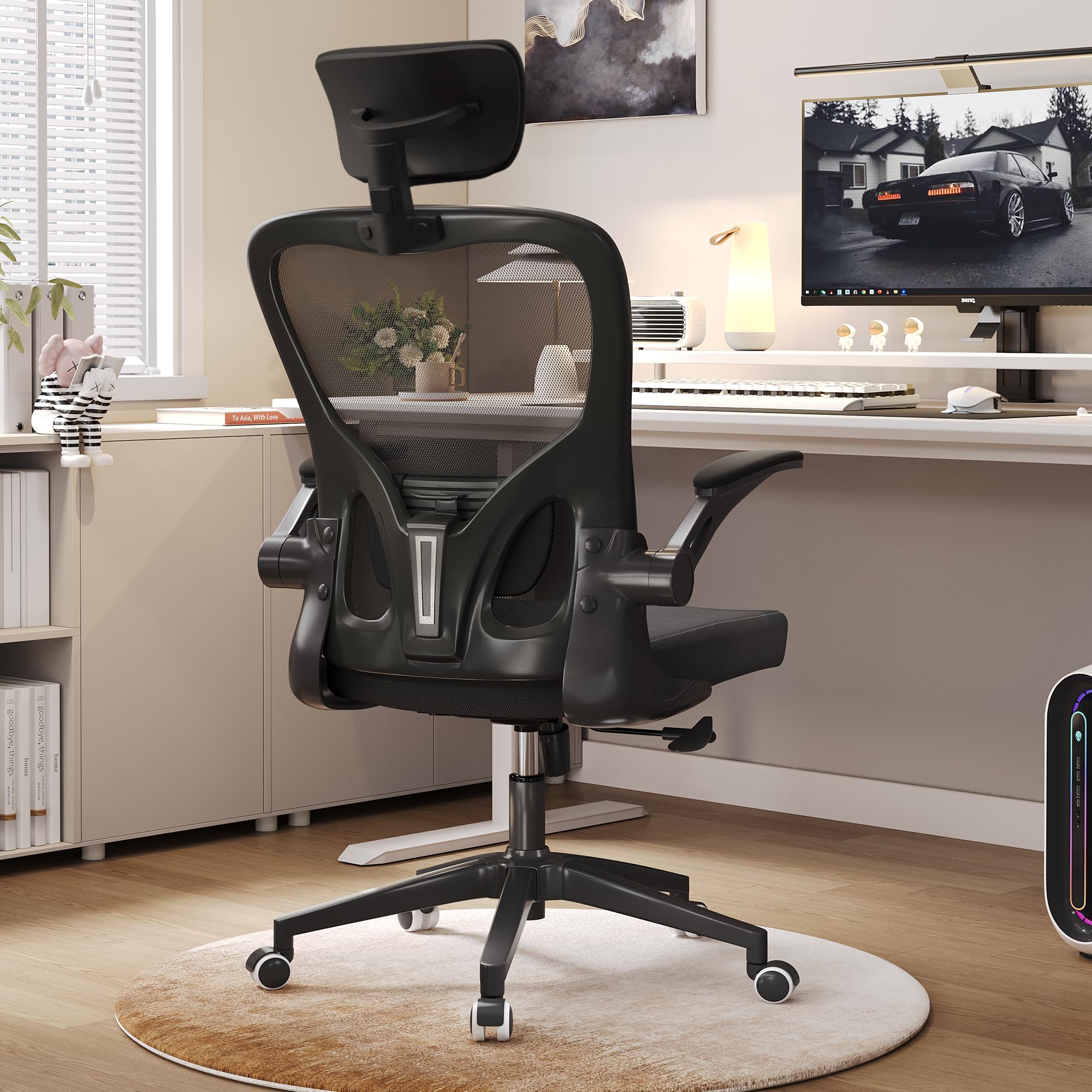 Monhey Bürostuhl, verstellbare Lendenwirbelstütze und Kopfstütze, Schwarz | Schreibtischstuhl bis 180 kg belastbar, Mesh Ergonomischer Bürostuhl mit hochklappbaren Armlehnen und Rollen für Homeoffice