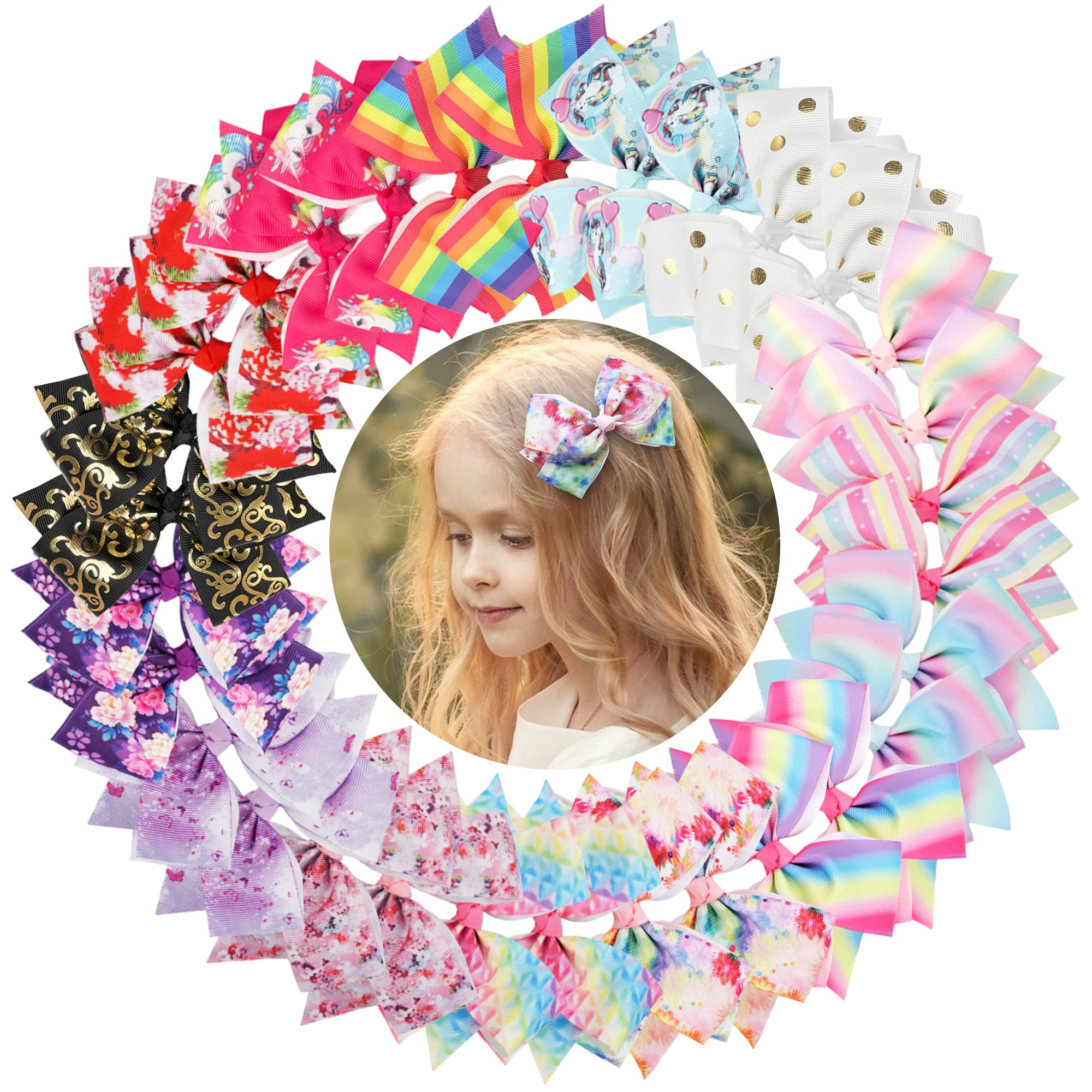 24PCS 4.5Inch Unicorn Hair Bows For Girls Boutique Grosgrain Ribbon Rainbow Hair Bow Alligator Hair Clips Pigtail Bows Hair Accessories For Baby Girls Little Girls Toddlers Children Kids (12 Pairs)