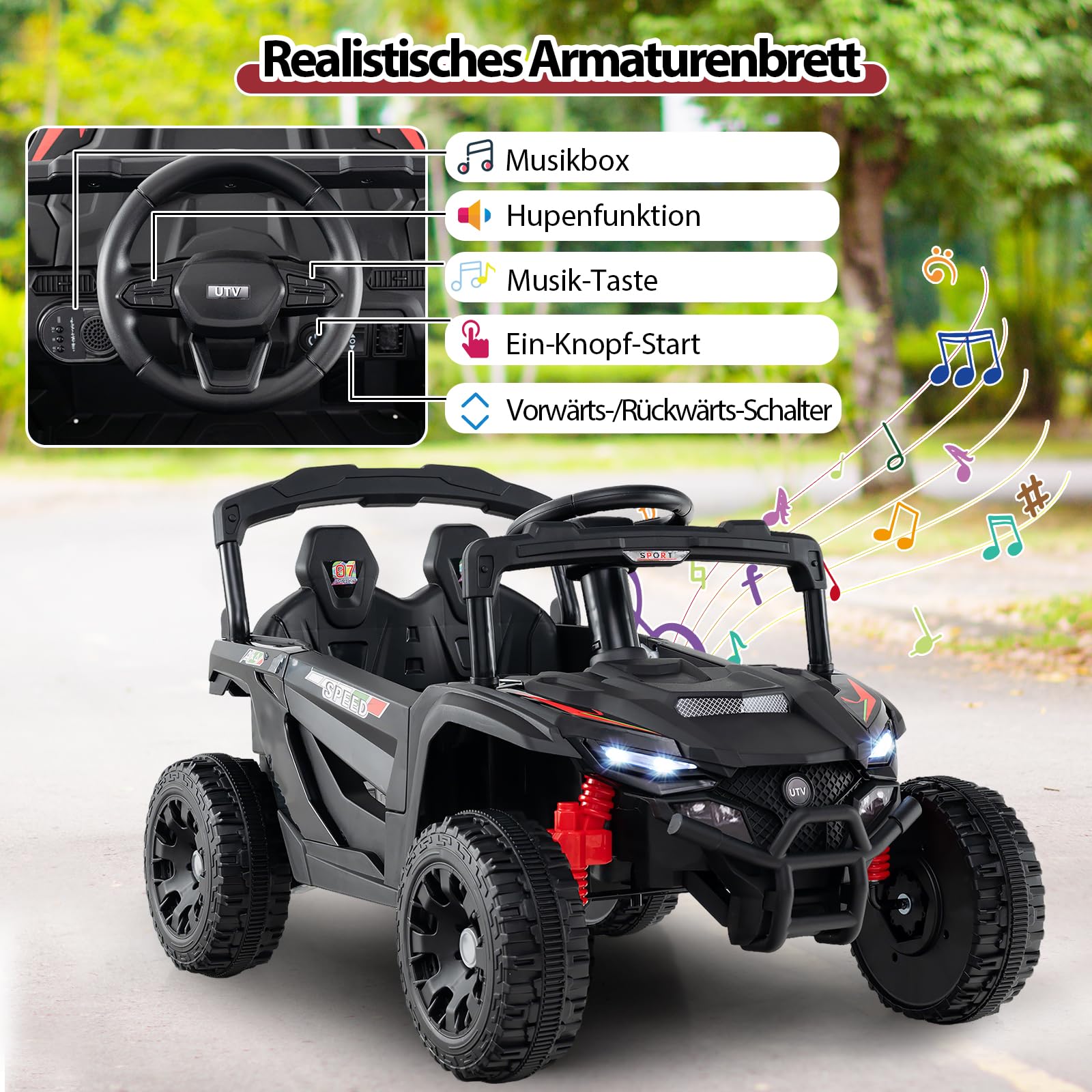 COSTWAY 12V Elektroauto Kinder, Elektrischer UTV-Truck mit Fernbedienung, 3 Geschwindigkeiten, LED-Lichter, Musik, Hupe & Federung, Kinderauto Kinderfahrzeug für Jungen & Mädchen ab 3 Jahren (Schwarz)