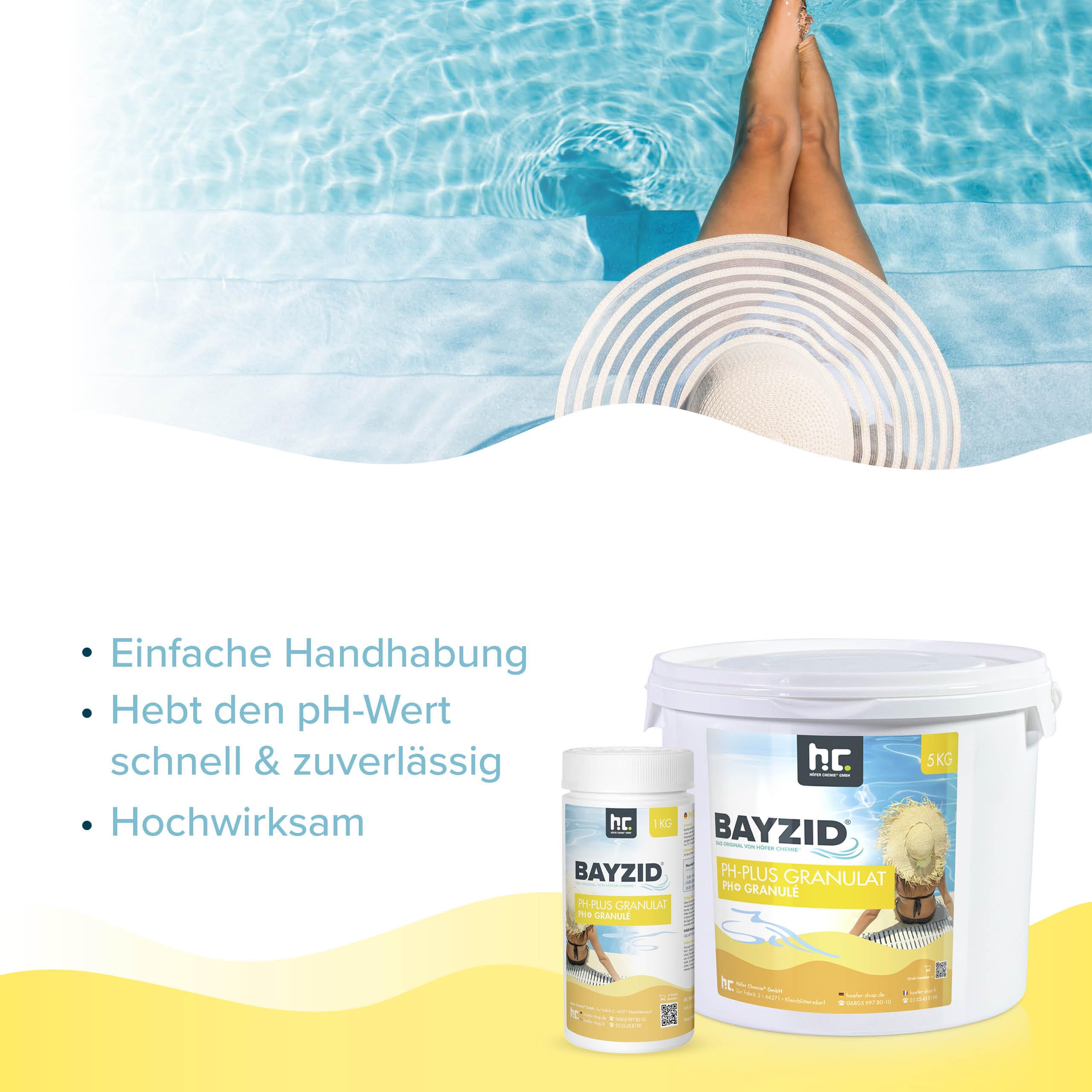 Höfer Chemie 1 x 5 kg pH Plus Granulat BAYZID (pH-Heber) sorgt für eine schnelle und zuverlässige Anhebung des pH-Werts in Pool und Schwimmbad