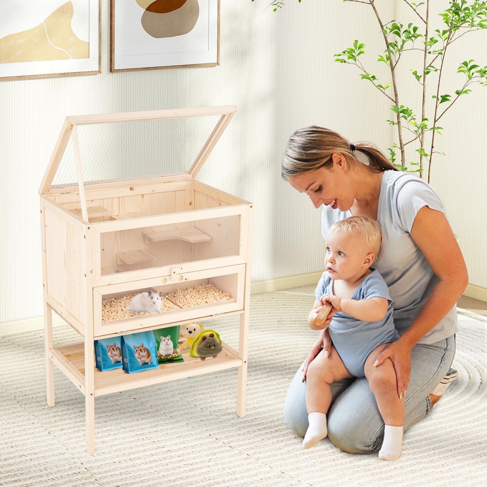 COSTWAY Jaula para Hámster de Madera, Hábitat con Techo Abatible de Malla, Puerta de Acrílico Bloqueable, Estante Inferior, Escaleras y Plataformas, Espacio Amplio para Animales Pequeños, Interior