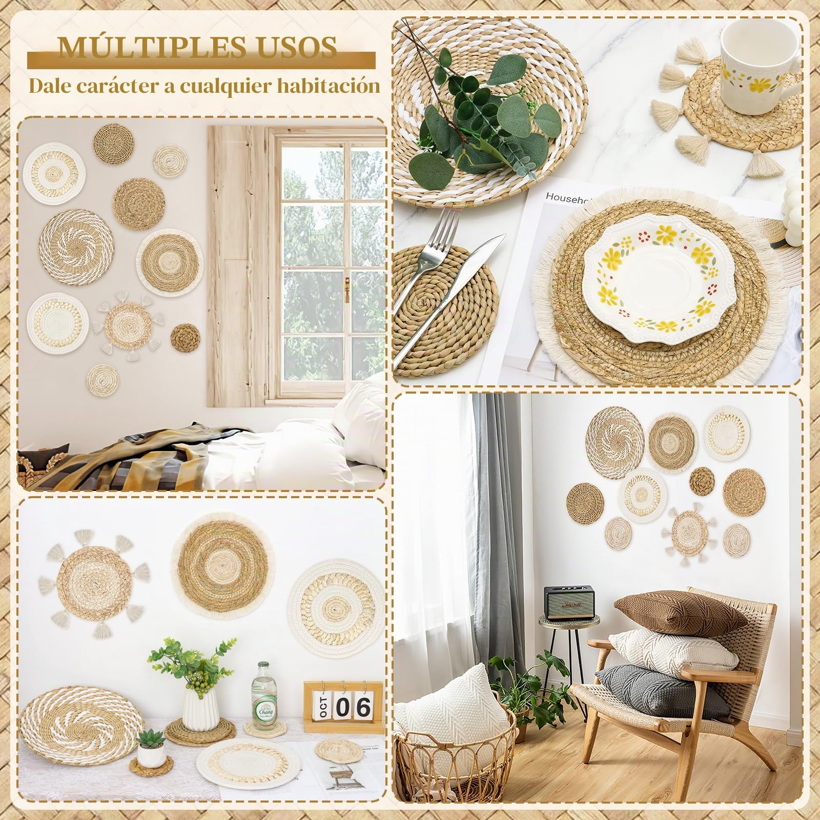Weldomcor 10 Piezas Decoración de Cesta Tejida de Mimbre Pared Bohemia Cestas de Pared de Ratán para Decoración de Estar Dormitorio Comedor Oficina