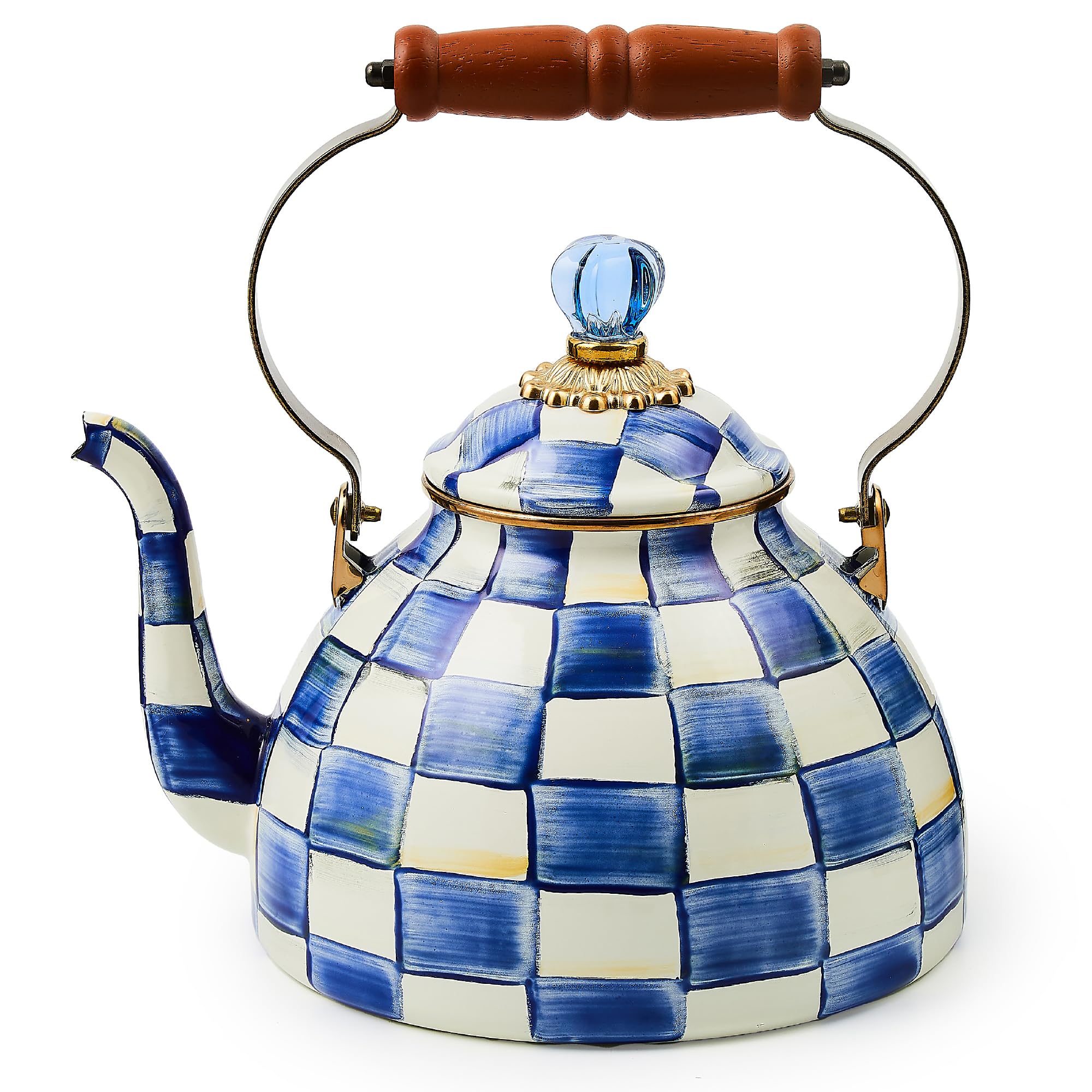 Enamel Tea Kettle, Stylish Tea Kettle for Stovetop, Blue-and-White Royal Check, 3 Quarts