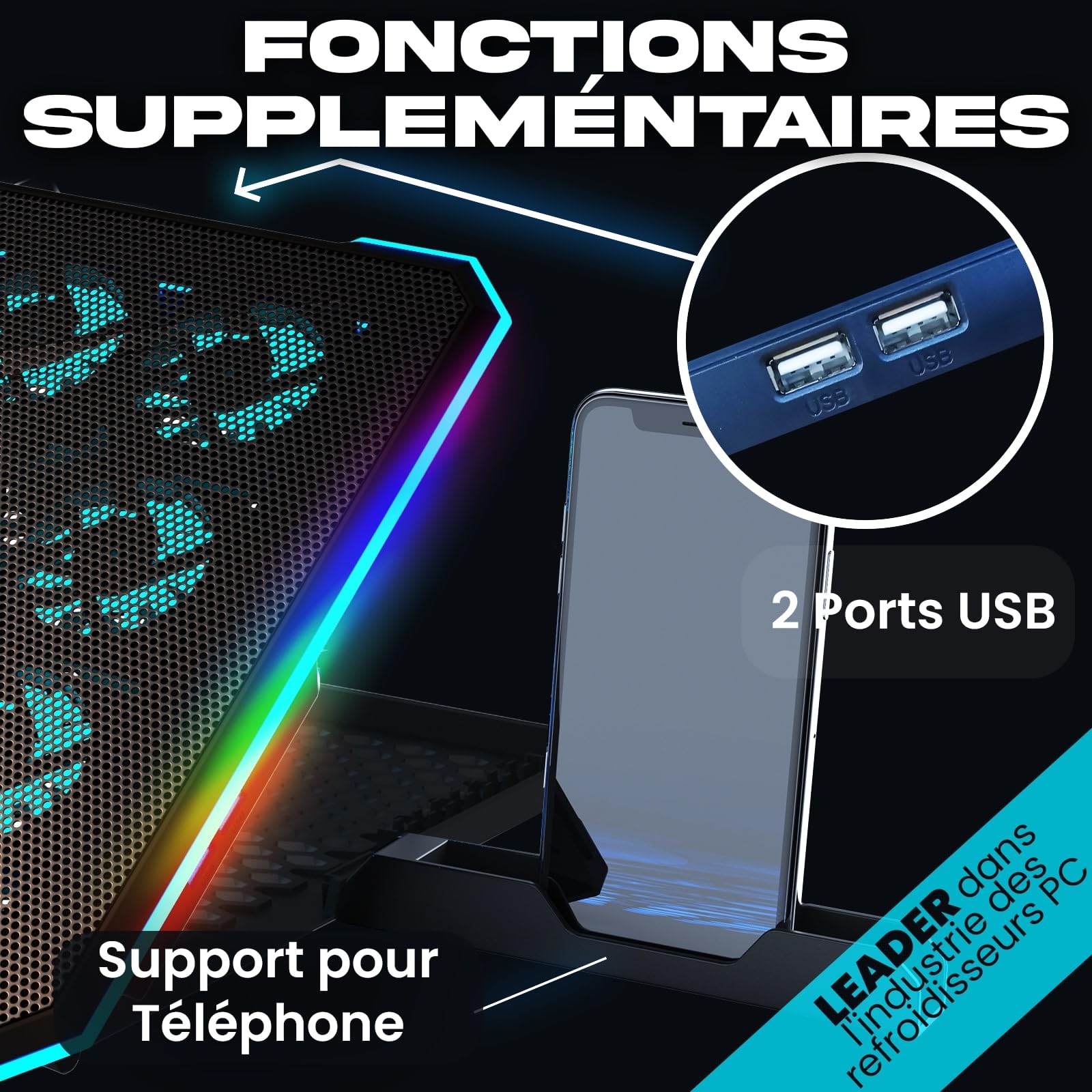 KLIM V14 Refroidisseur PC - Nouveauté - 14 Ventilateurs & Rétroéclairage RGB + Support PC Ventilé de 11" à 17" + 2 Ports USB + 5 Ans de Garantie