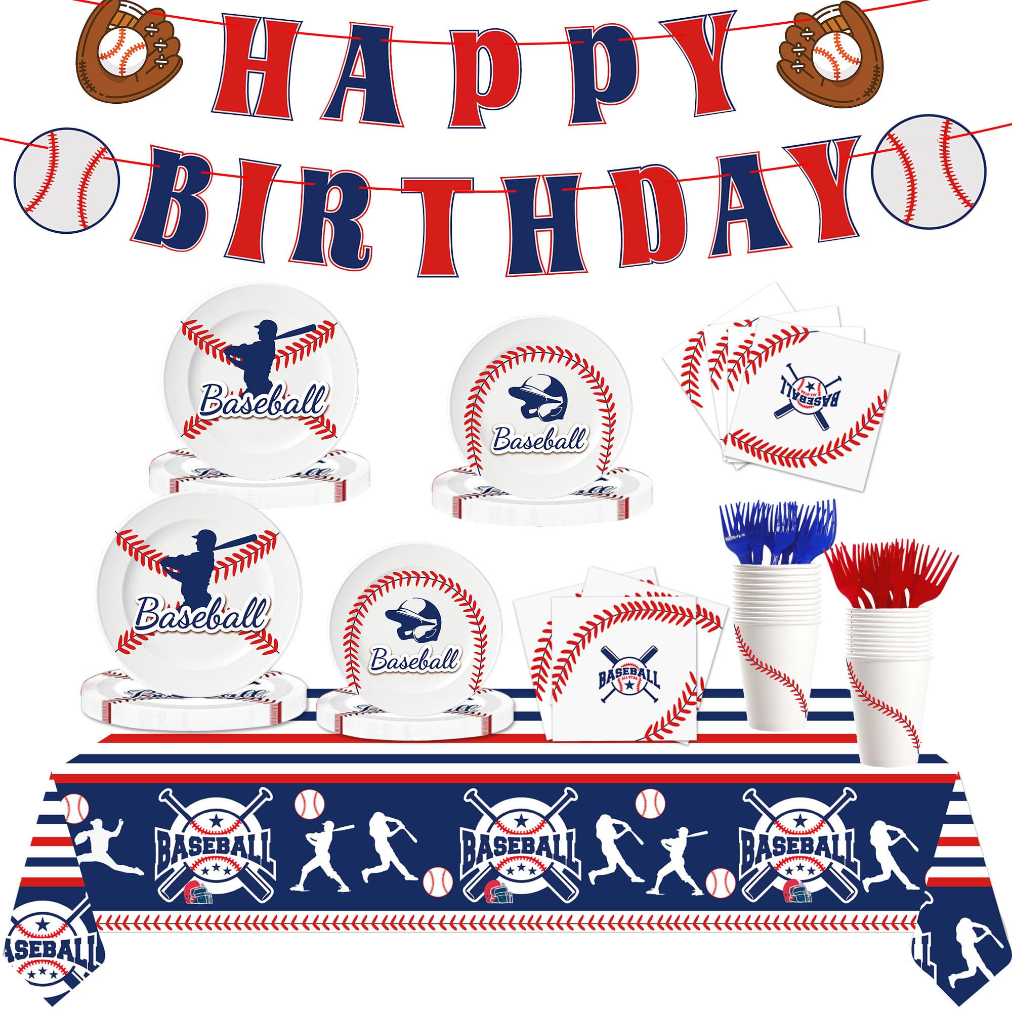 Baseball Birthday Party Supplies Kit for 24 Guests Includes Tablecloth Plates Napkins Forks Cups Banner Baseball Themed Dinnerware for Sports Party