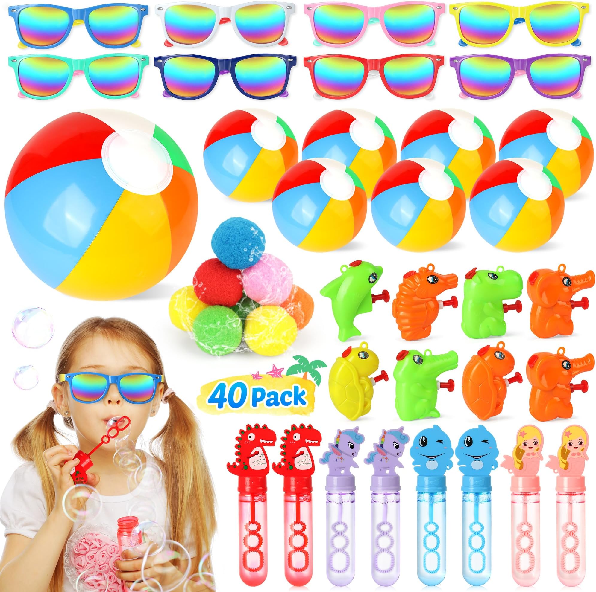 Mocoosy 40PCS Pool Beach Party Favours for Kids, Party Bag Fillers for Kids, Summer Water Toys Include Beach Balls,Sunglasses,Bubble Wands,Water Pistols Kid Birthday Party Supplies Outdoor Garden Play
