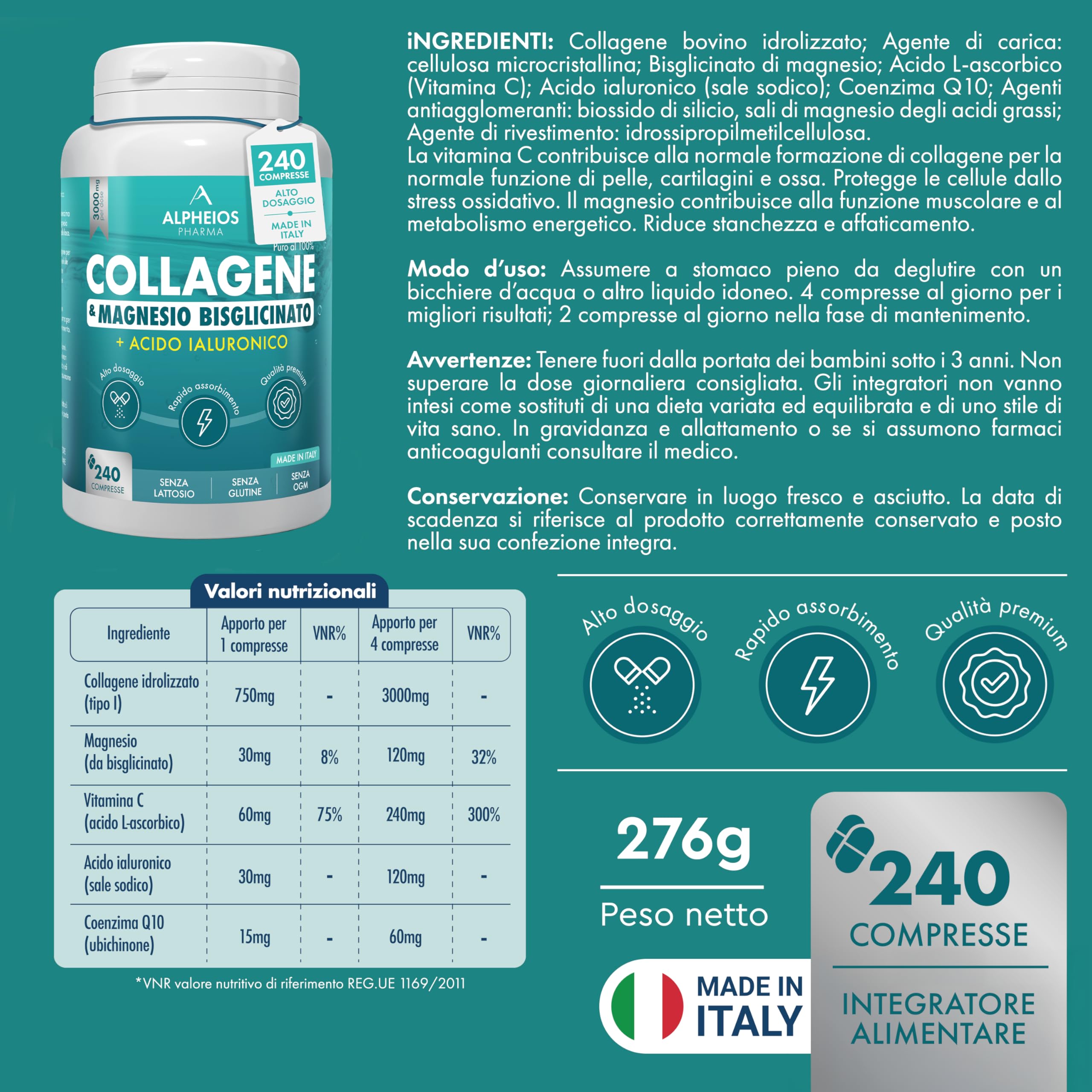 Collagene e Acido Ialuronico + Magnesio Bisglicinato – 240 Compresse, 3000 mg Collagene Idrolizzato con Vitamina C e Coenzima Q10 | Integratore Articolazioni, Ossa, Pelle ed Energia