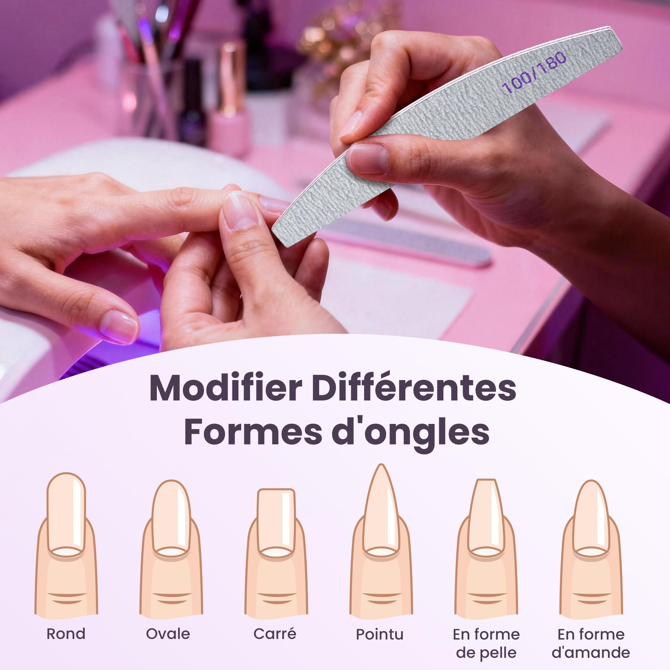 Lot de 20 Limes a Ongles 100 180 Grain, Lime à Ongles Double Face pour Ongles en Gel et Acrylique, Kit de Lima Ongle Réutilisables pour Manucures et Pédicures en Gel, Ongles Naturels