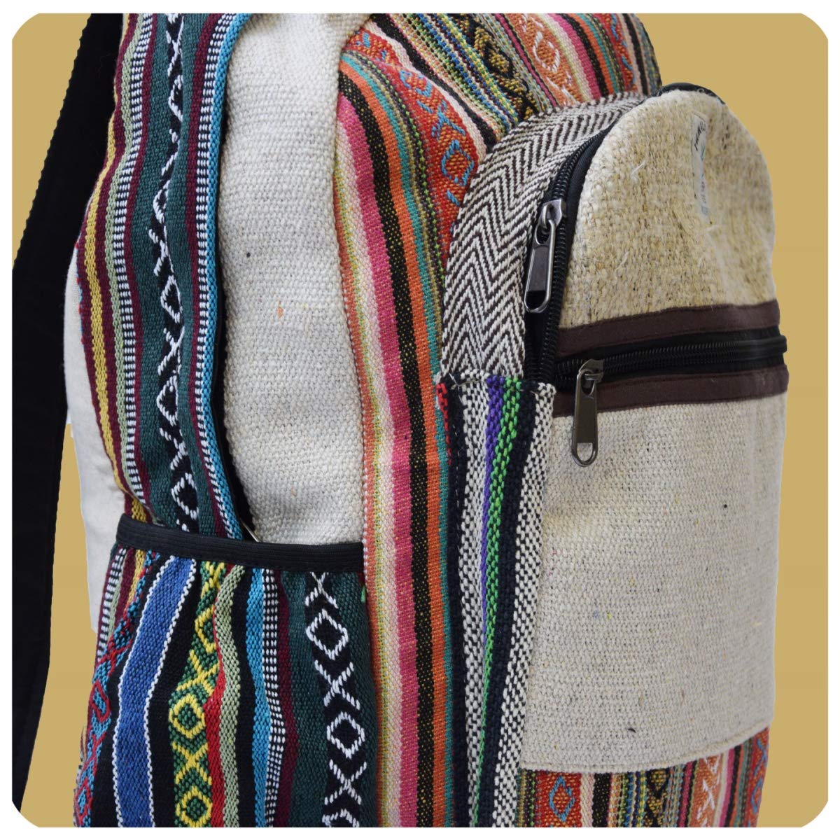 Simandra Ethno Hanf Zaino realizzato a mano in Nepal con molti scomparti, multicolore, 45 x 30 x 10cm