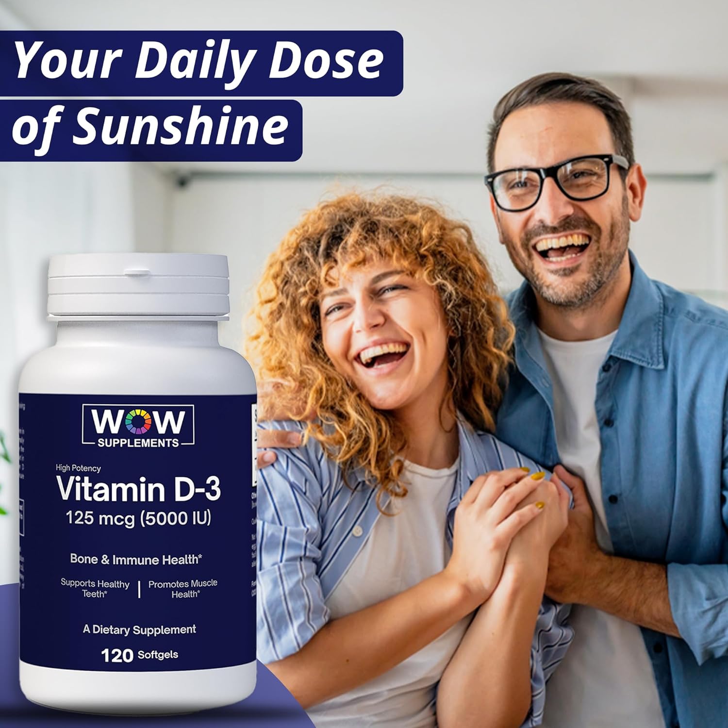 WOW Supplements Vitamin D3 5000 IU Softgels, 125 mcg - Vitamin D3 5000IU Supplement for Strong Bones and Immune Support - Non-GMO, Gluten Free Vitamin D 5000 IU - VIT D3 5000 IU Softgels - 120 Count