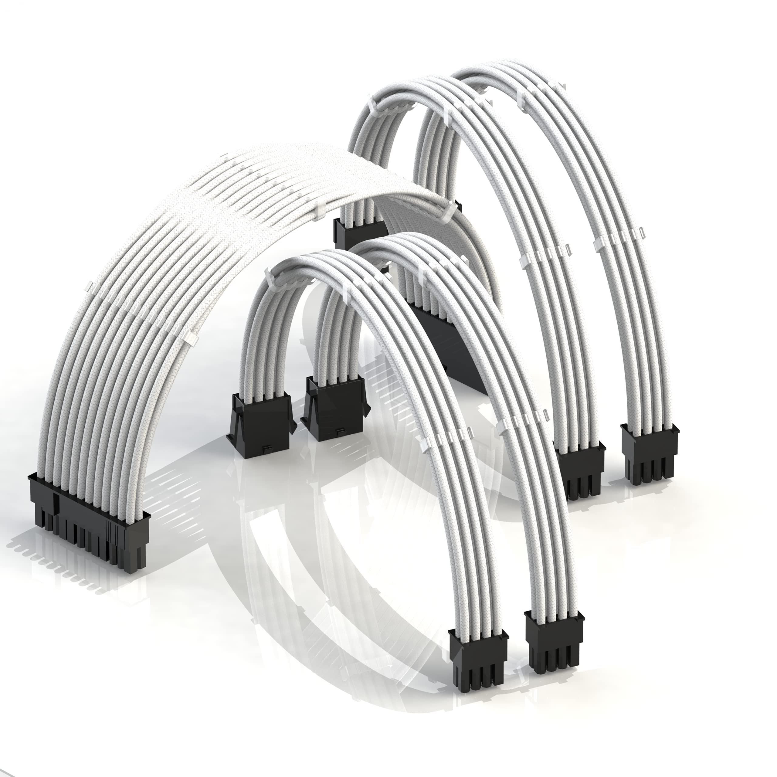 LINKUP - AVA 50cm PSU Cable Extension Sleeved Custom Mod GPU PC Braided w/Comb Kit | 6-Pack | 1 x 24 P (20+4) | 2 x 8 P (4+4) CPU | 2 x 8 P (6+2) GPU set | 500mm - White -