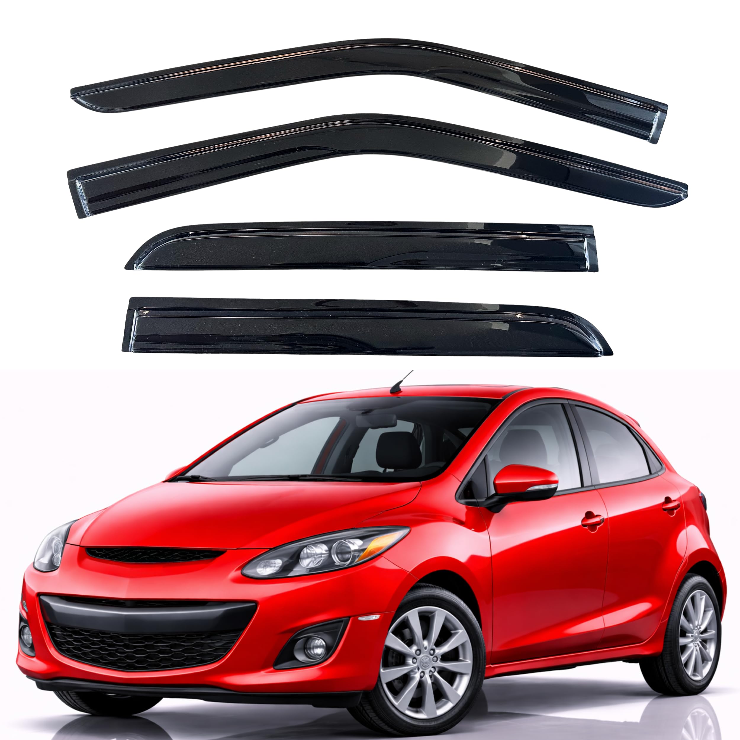 KPY Rain Guards Fit for 2007-2012 Mazda 2 Hatchback, Out-Channel Window Visors Vent Wind Deflectors 4PC, Car Accessories for 07-12 Mazda 2 Hatchback (Excludes Sedan)
