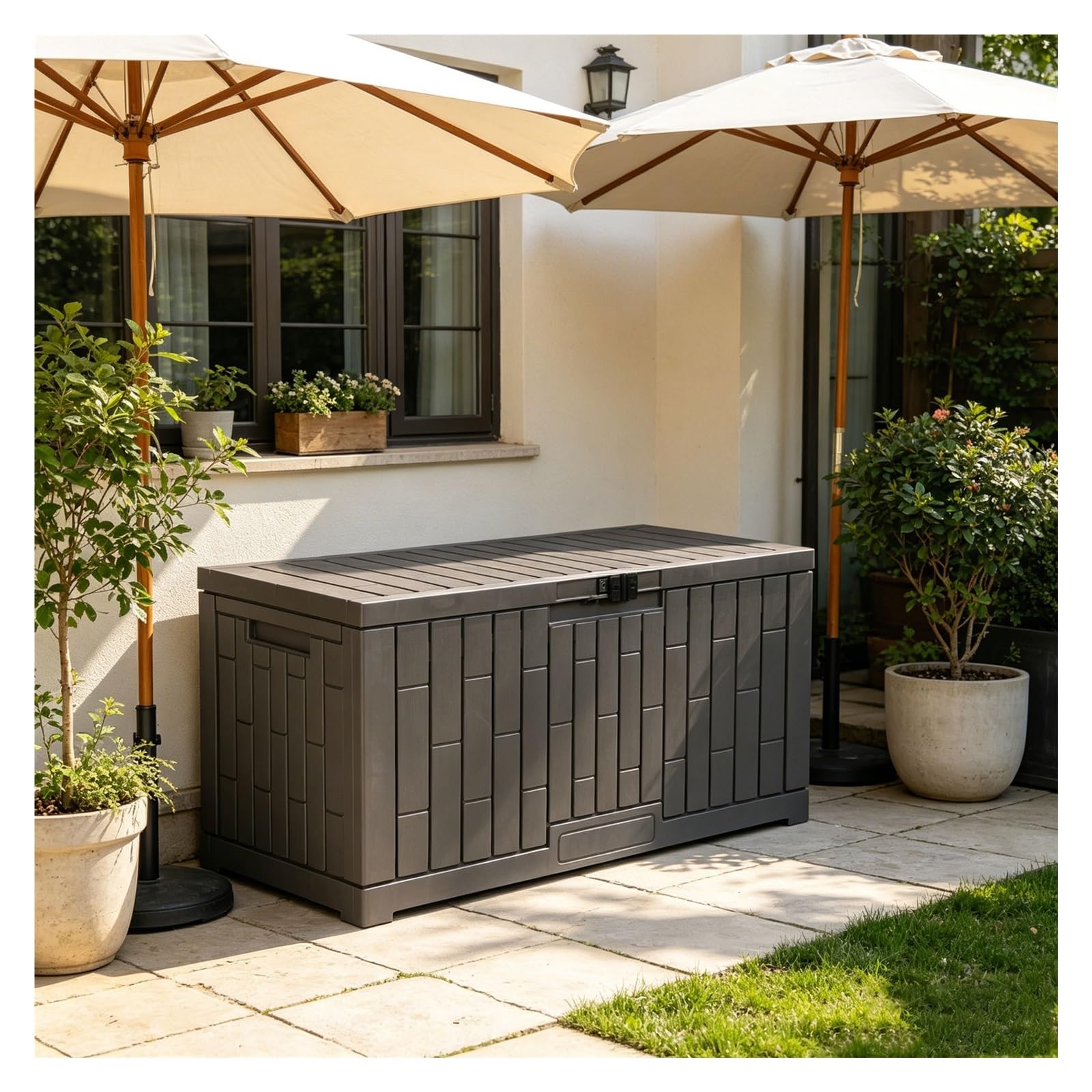 Boîte de rangement d'extérieur avec fente de verrouillage, boîte de terrasse étanche, boîte de livraison de grande capacité pour terrasse, jardin