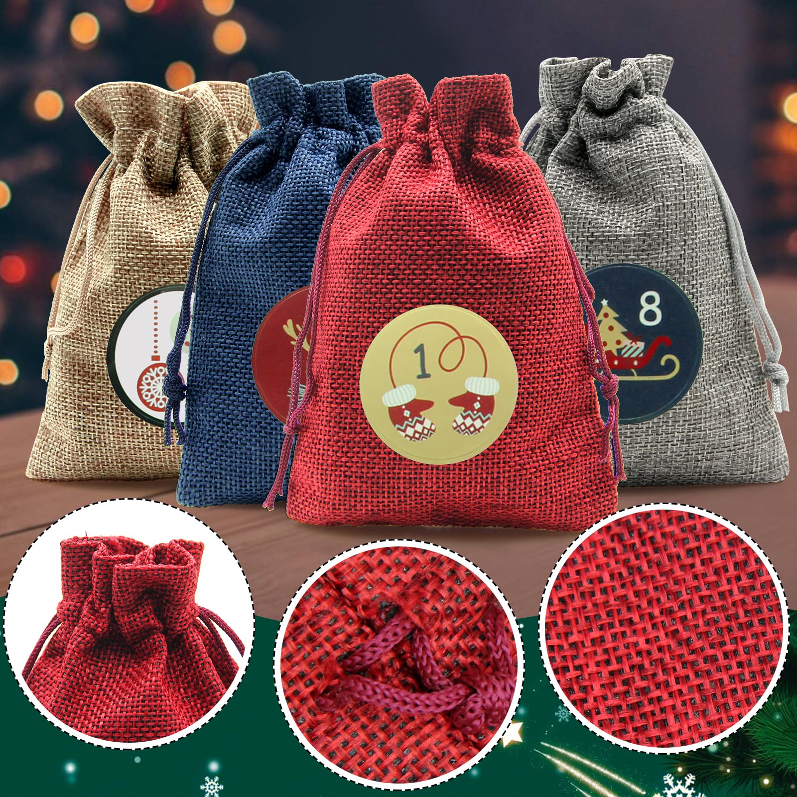 Calendario de Adviento para Rellenar 24 Piezas con Cuerda 10m y 48 Números Adhesivos, Bolsas de Tela DIY 4 Colores