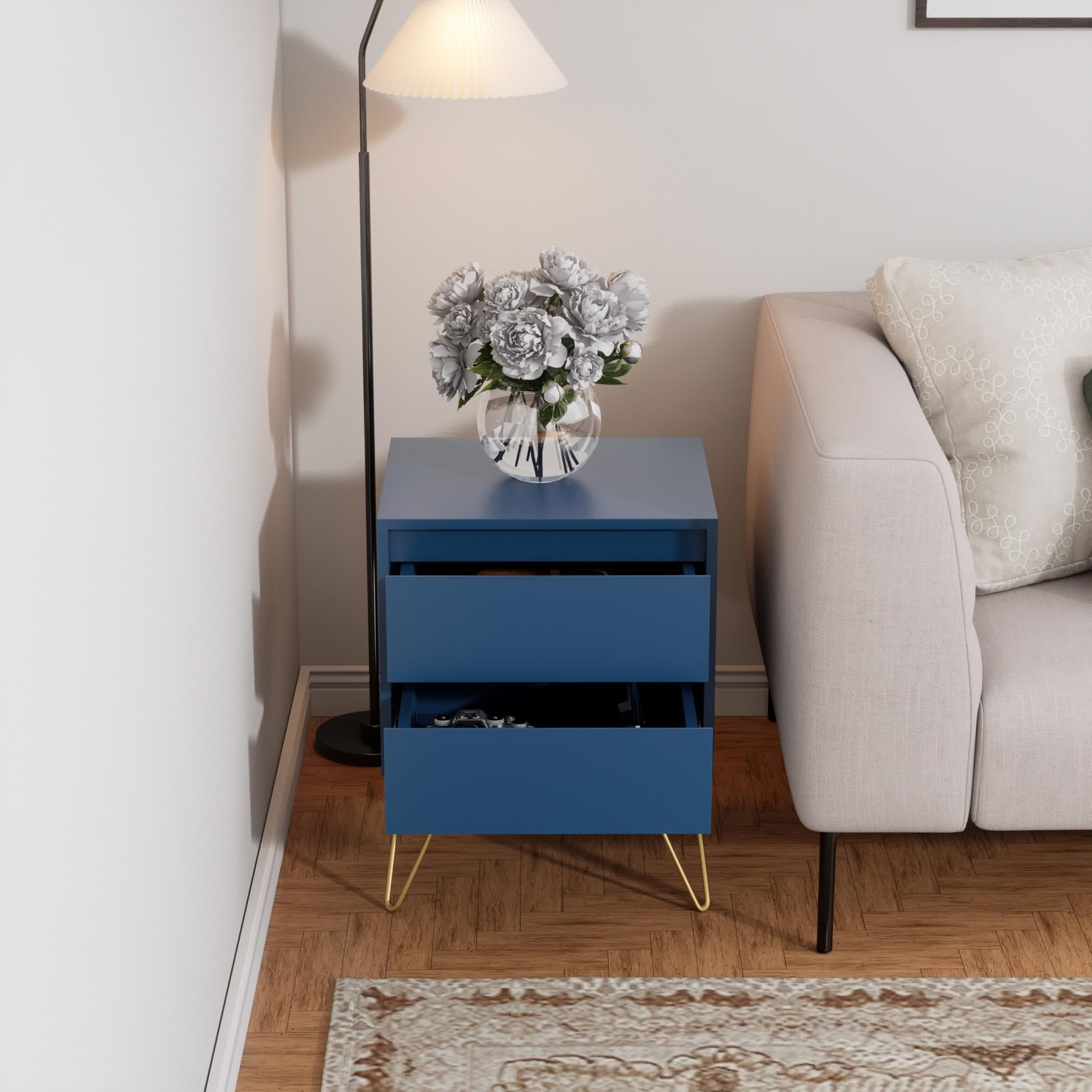 Garvis Home Nachttisch 2er Set, Nachtschrank mit 2 Schubladen, MDF Nachtkonsole mit goldenen Hairpin-Legs, Retro Beistelltisch für Boxspringbett, inkl. Kippschutz (Marineblau)